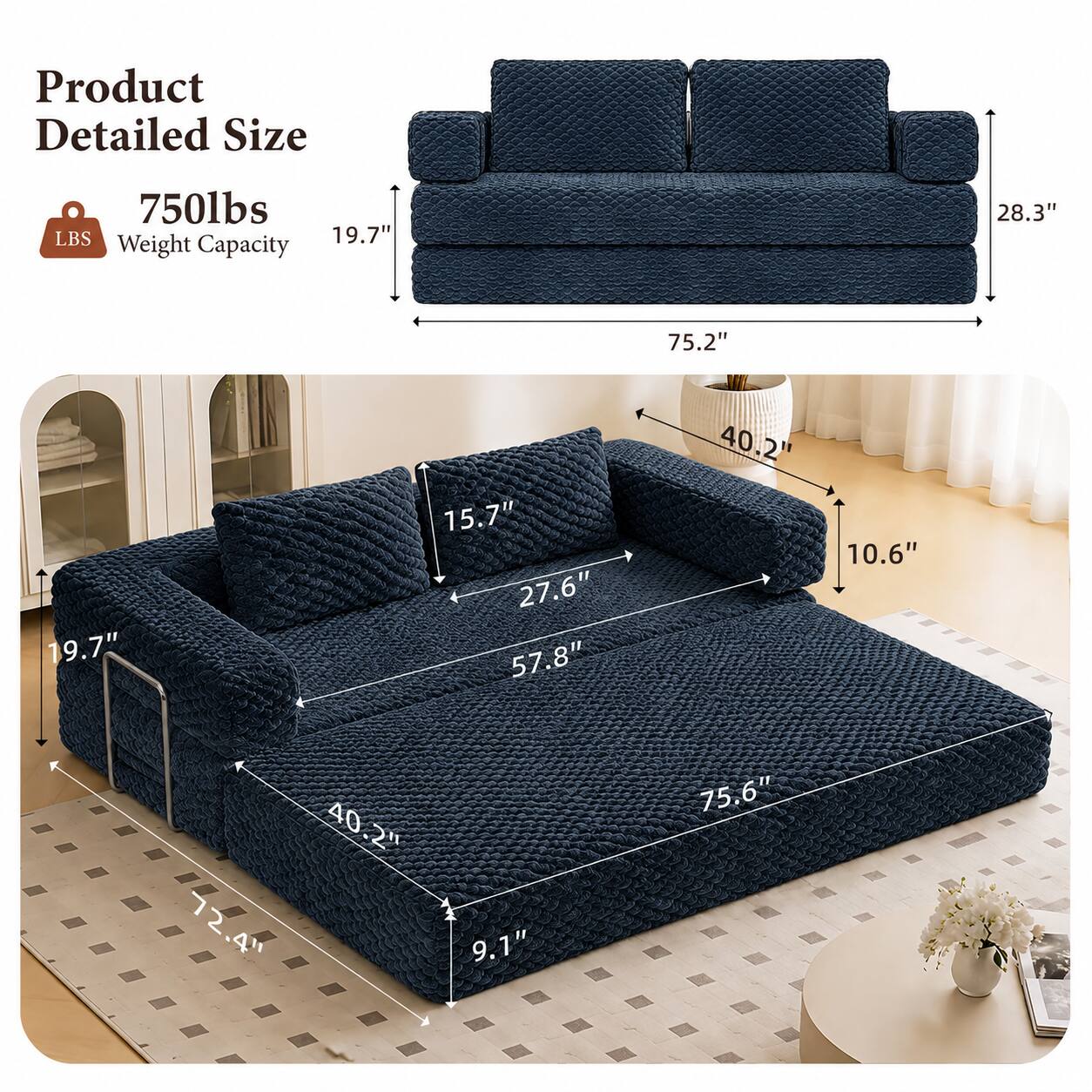 Product Detailed Size  
750lbs LBS Weight Capacity  
19.7"  
28.3"  
75.2"  
15.7"  
27.6"  
57.8"  
40.2"  
10.6"  
40.2"  
72.4"  
9.1"  
75.6"