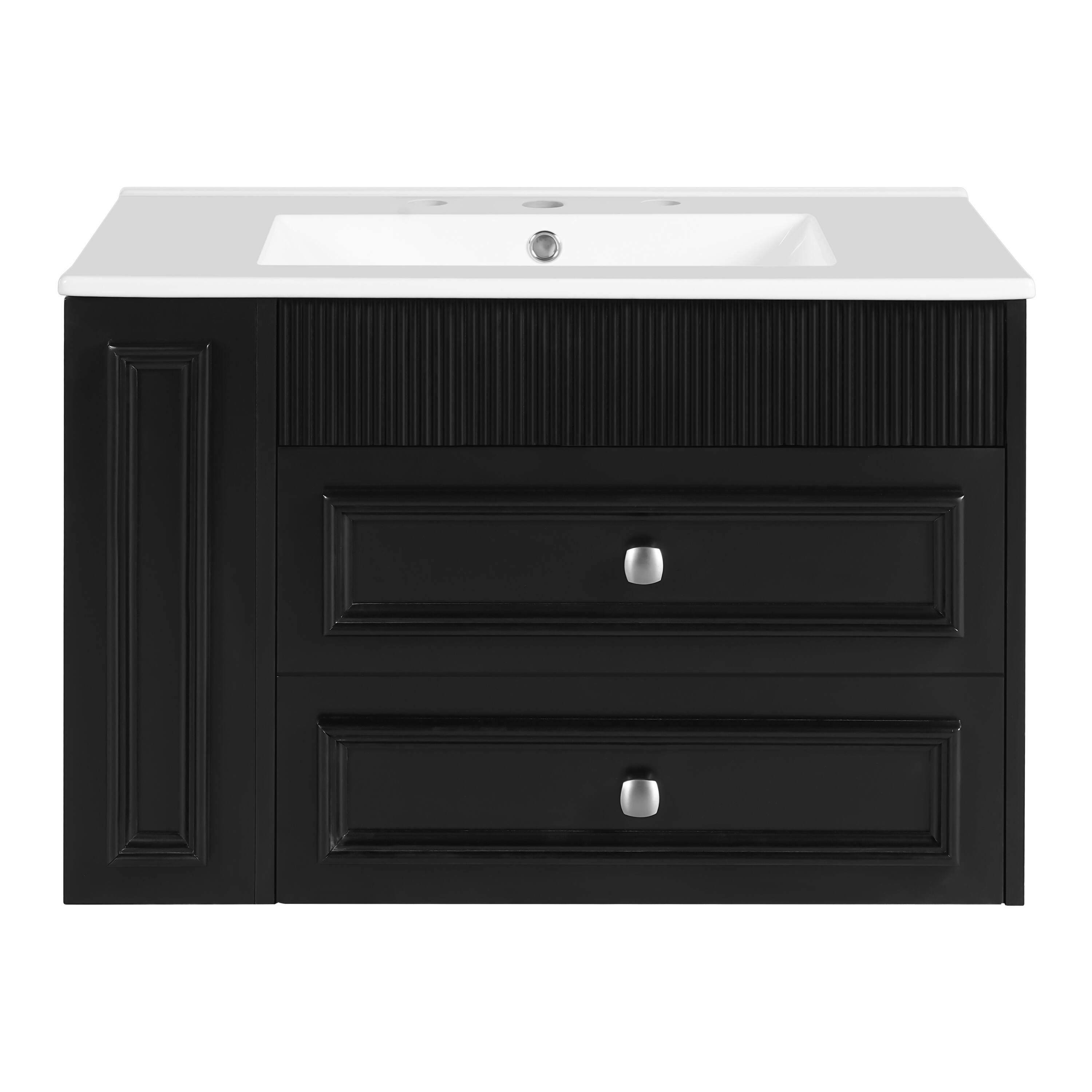 Front. Glintex - 30" Wall Mounted Bathroom Vanity with Sink, Floating Storage Cabinet, 2 Drawers, 3-Hole Single Ceramic Basin - Black.
