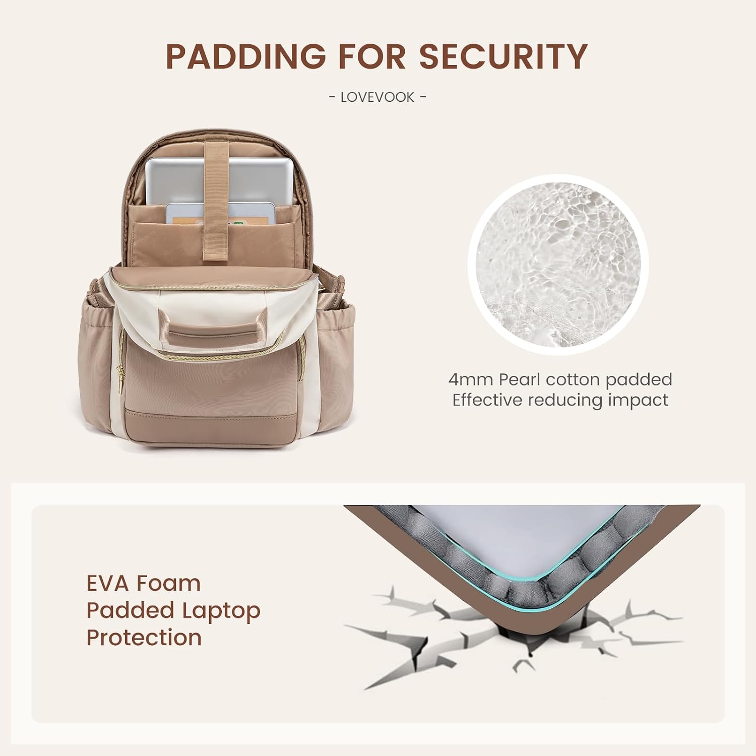 PADDING FOR SECURITY  
- LOVEVOOK -  
4mm Pearl cotton padded  
Effective reducing impact  

EVA Foam  
Padded Laptop  
Protection