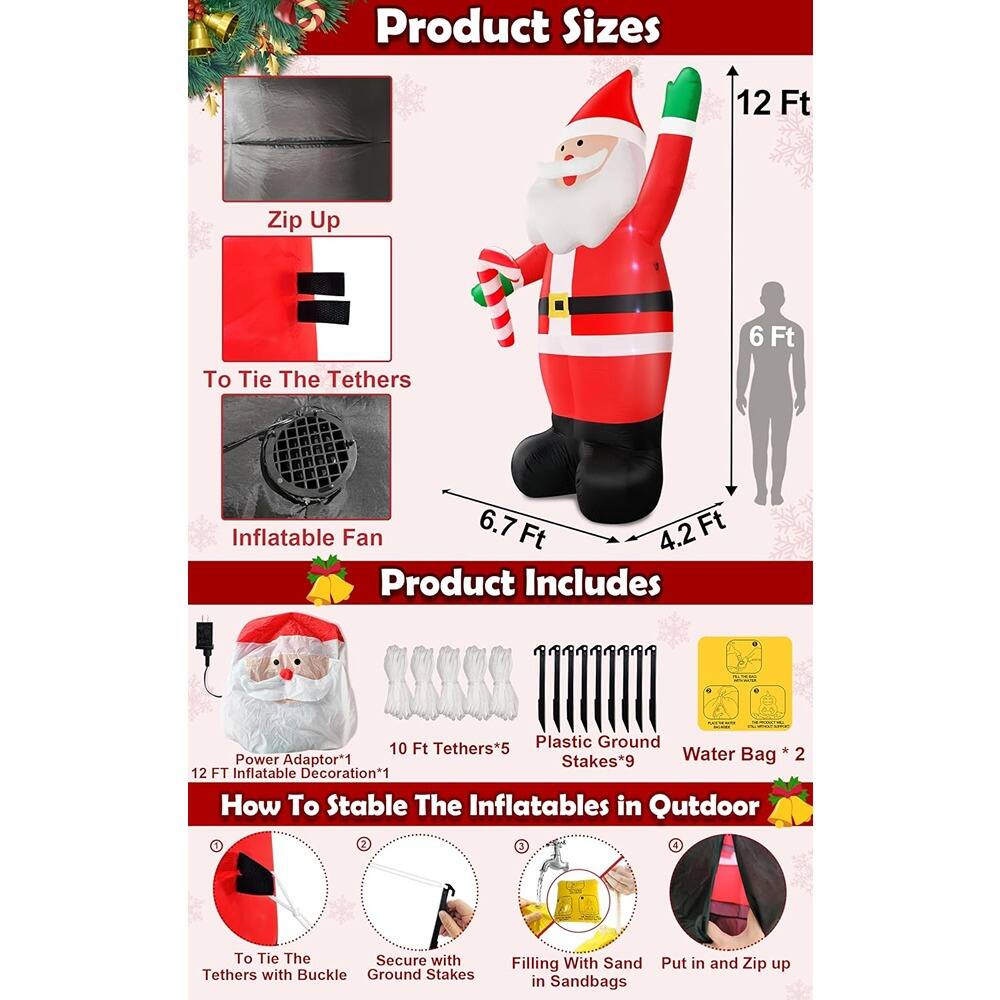 PARKER SLATER - 12-Ft Inflatable Santa with LED Lights – Outdoor Christmas Yard Decor - White Red Green