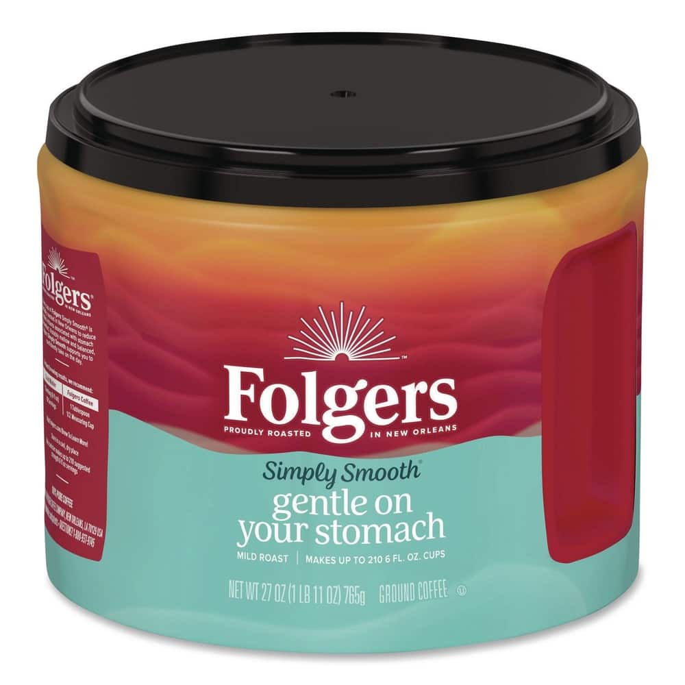 Folgers  
Proudly Roasted in New Orleans  
Simply Smooth  
Gentle on your stomach  
Mild Roast  
Makes up to 210 6 fl. oz. cups  
Net WT 27 oz (1 lb 11 oz) 765g  
Ground Coffee