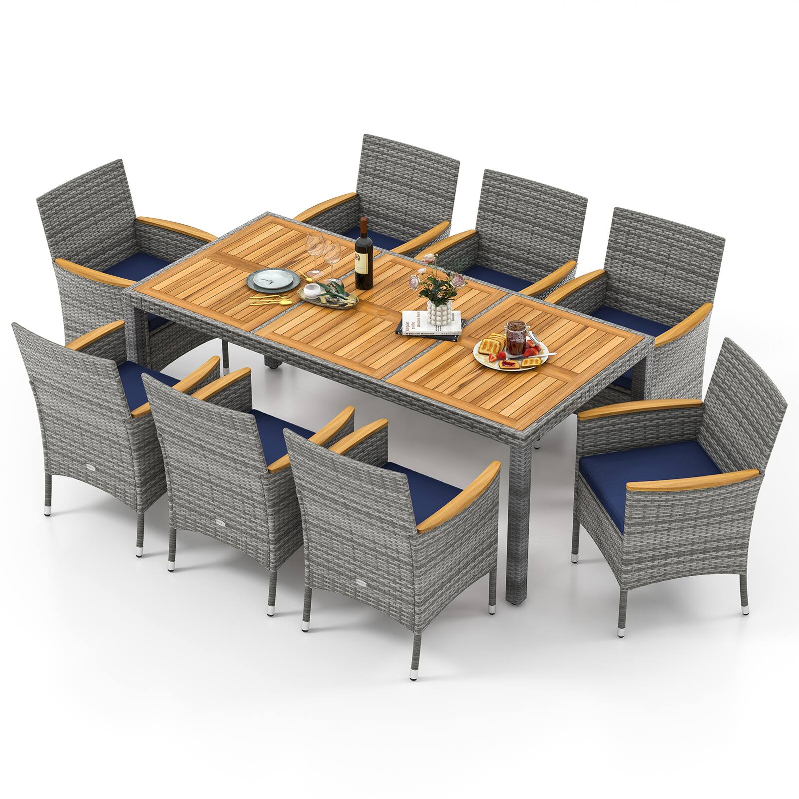 Alt View 1. Gymax - Gymax 9 Pieces Patio PE Wicker Dining Set Outdoor Acacia Wood Table & Chairs Navy - Navy.