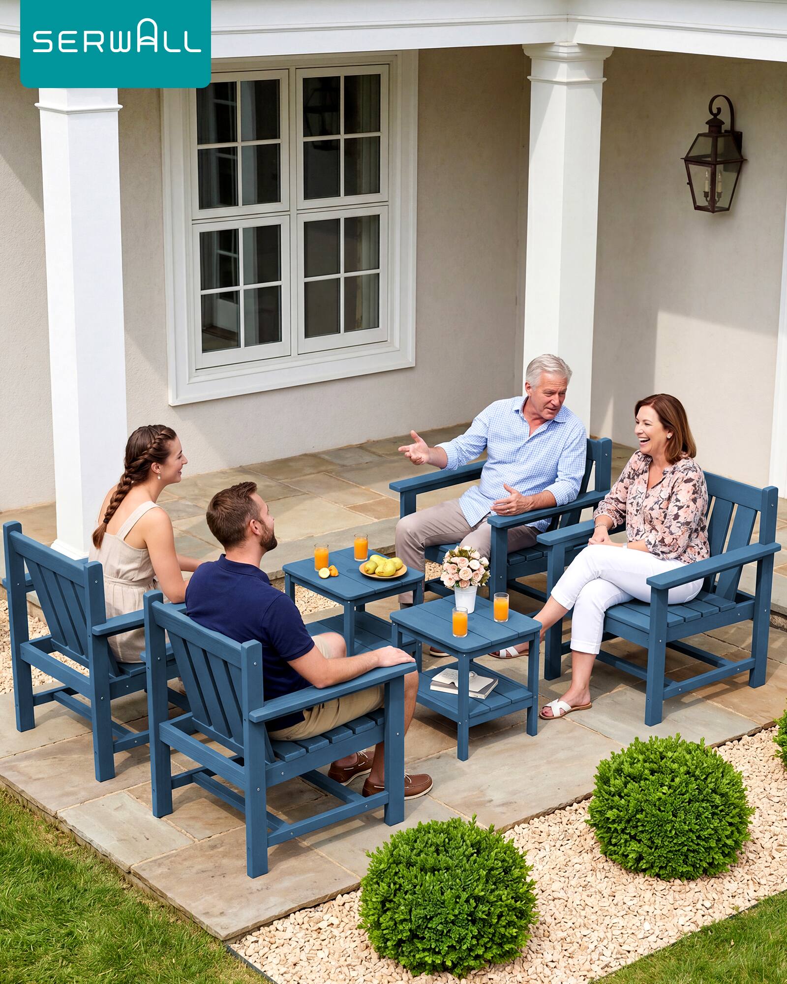 Angle. SERWALL - SERWALL 3 Pieces Patio Bistro Set of 2-Outdoor Chairs and Side Tables with Umbrelle Hole,Navy - navy.