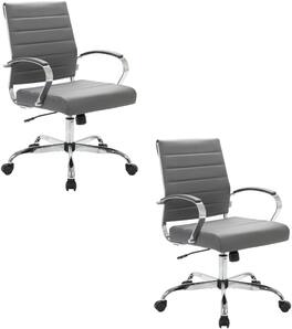 LeisureMod - Set of 2 - Benmar Modern Leather Office Desk Chair with Ribbed Seat and Steel Frame Computer Chair - Gray