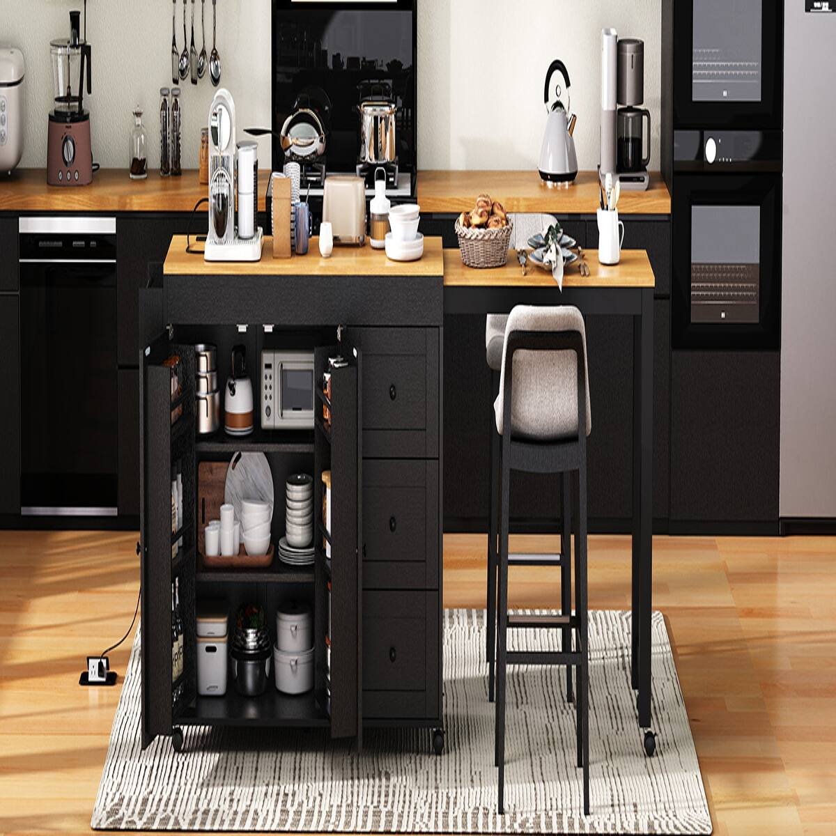 Alt View 10. Loheer - Loheer Black Kitchen Island with Extendable Dining Table, Rolling Kitchen Cart with Power Outlet, 74.8" MDF - Black.