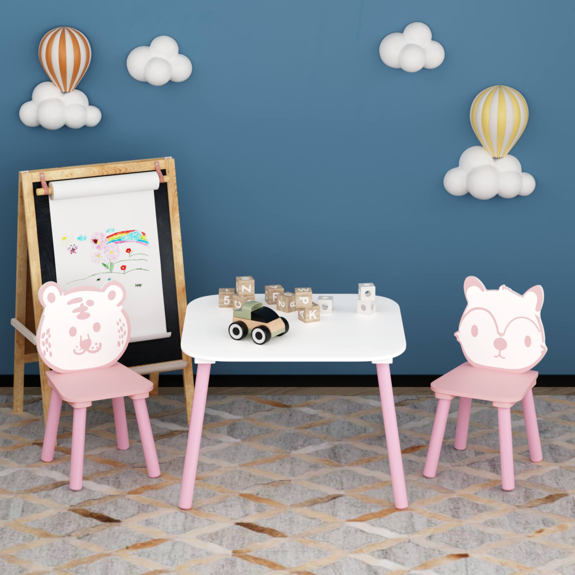 Alt View 6. Tiramisubest - Kids Table and Chair Set,3-Piece Wooden Toddler Desk with Animal Backrest,Activity Table for Playroom (Pink & White) - Pink+White.