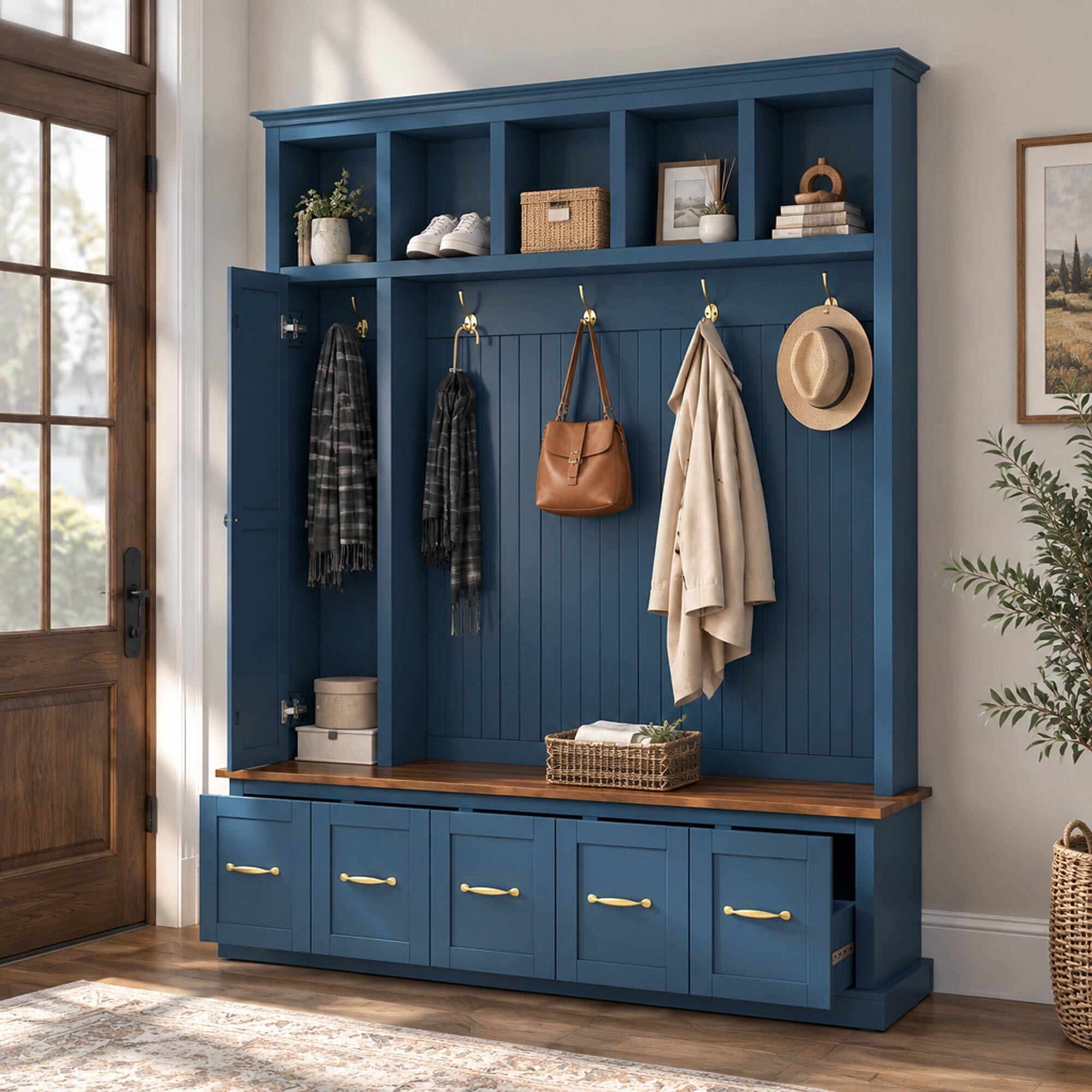 RYHNUYNE U Can Hall Tree, 59 in Wide MDF Entryway Storage, Coat Hooks ...