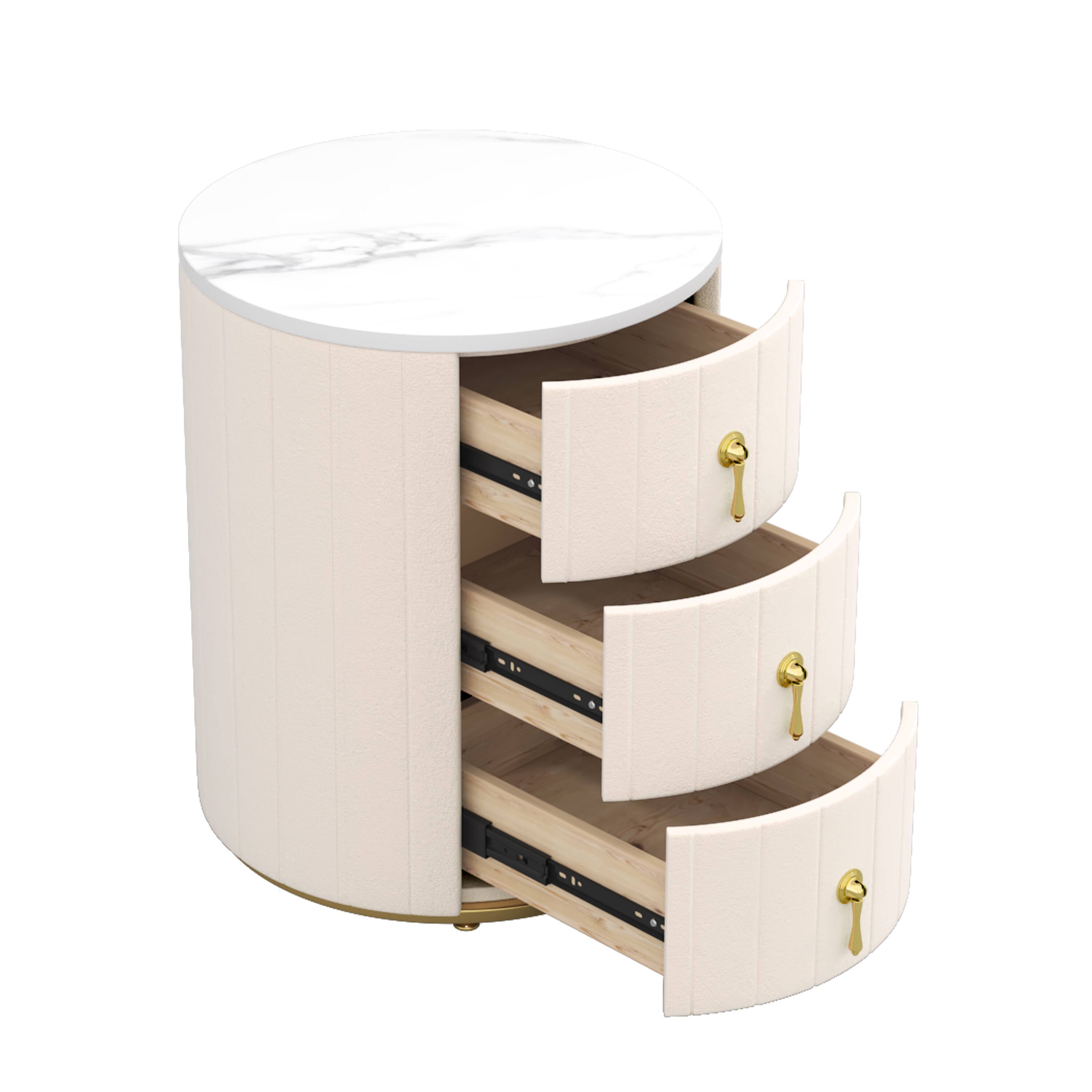 Alt View 4. Spaco - Spaco Upholstered Round Nightstand with 3 Drawers and Metal Handles, Marbling Sticker Top for Bedroom - Beige.