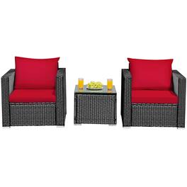 Costway - 3PCS Patio Rattan Wicker Furniture Set Sofa Table W/Cushion Yard - Red