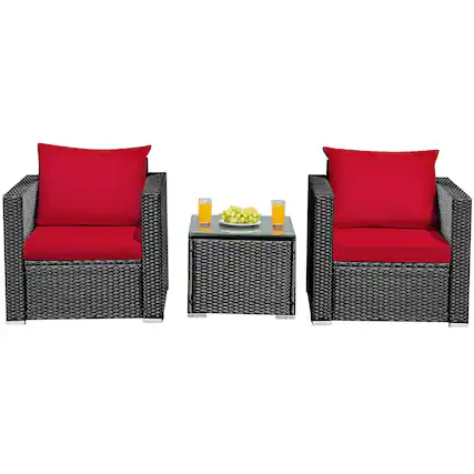 Front. Costway - 3PCS Patio Rattan Wicker Furniture Set Sofa Table W/Cushion Yard - Red.