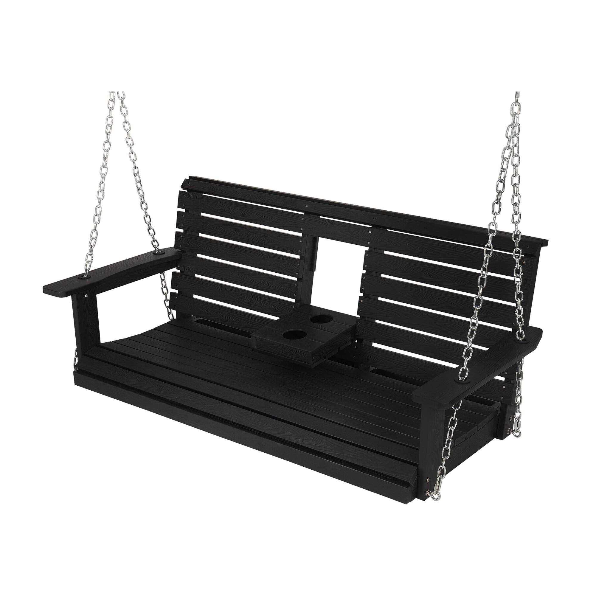 Alt View 2. Fortune Candy - HIPS Poly Lumber 3-Seat Porch Swing, 5ft Bench Swing with Foldable Cup Holders & 18/8 Steel Hardware, Carbon Black - Black.