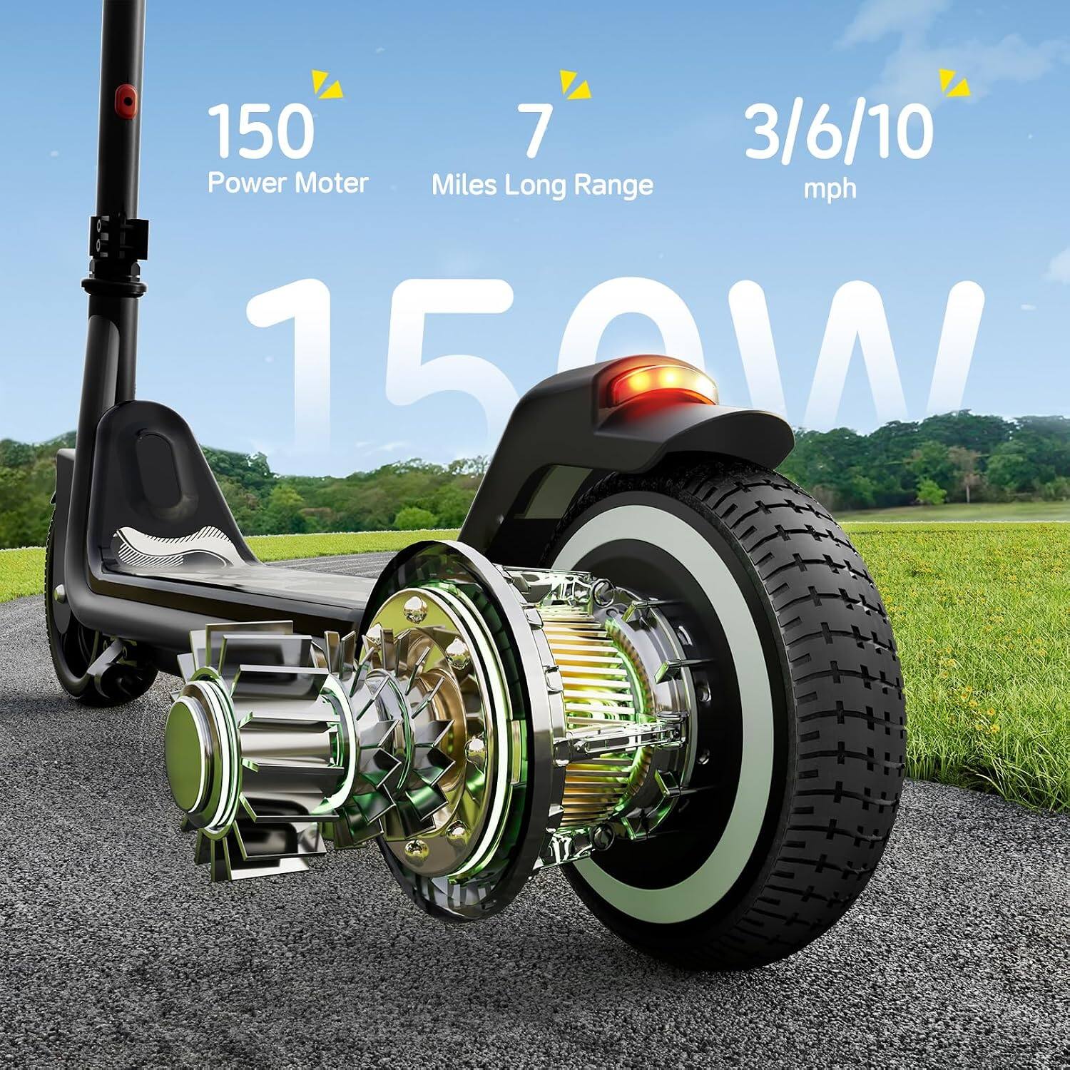 150 Power Motor  
7 Miles Long Range  
3/6/10 mph  
150W