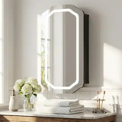 Front. DIYSET - LED Medicine Cabinet Mirror, Bathroom Mirror with Storage, Dimmable LED Mirror, Recessed Medicine Cabinet - Black.