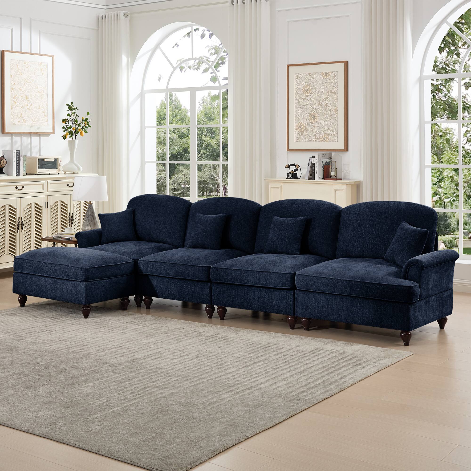 Angle. Anysun - Classic L-Shape Chenille 4-Seat Sectional with Ottoman - Flared Arms, Ruffled Skirt & Spindle Legs, Deep Seat - Blue.