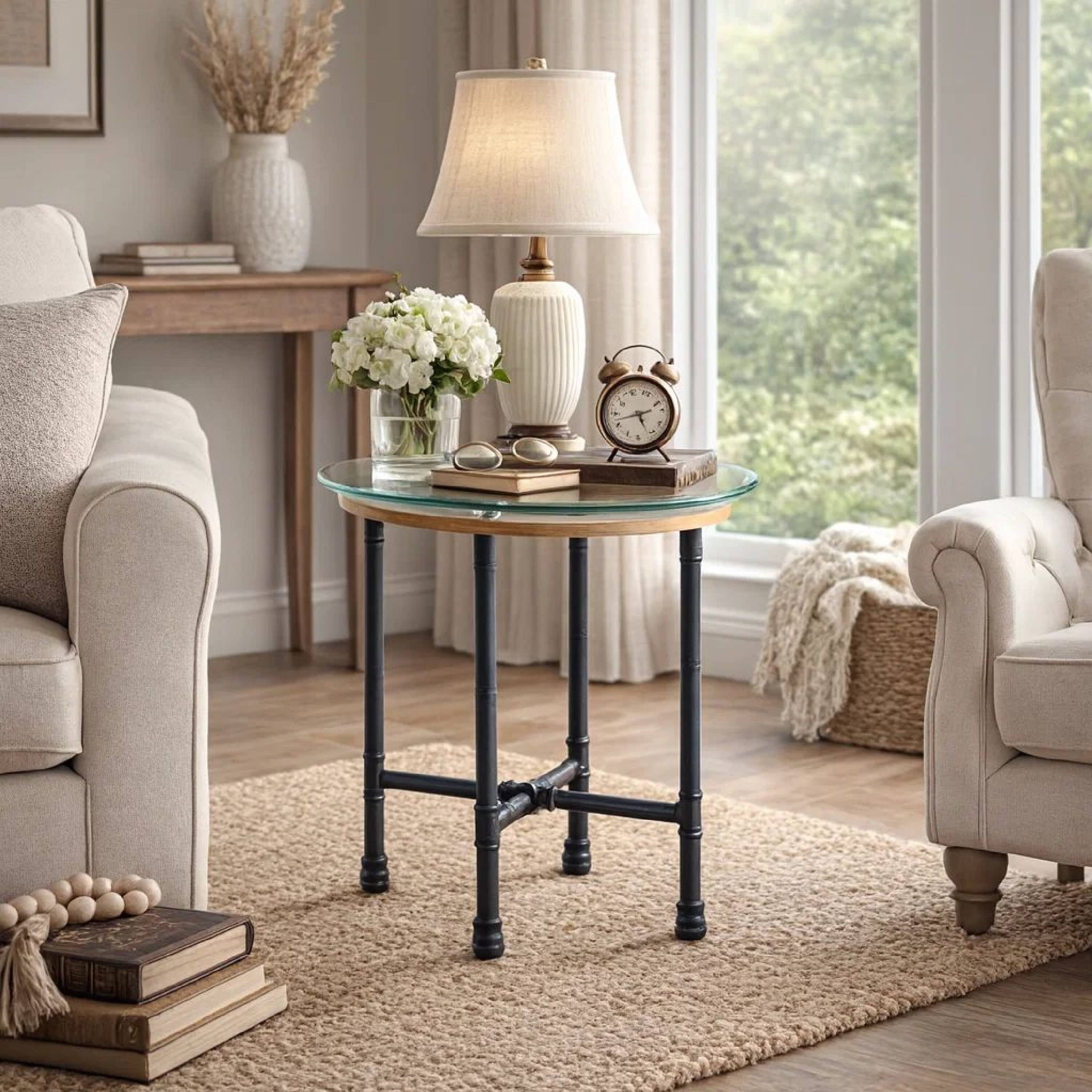 Alt View 5. Manhattan Lane - End Table with Round Glass Top and Metal Pipe Style Legs - Gray.