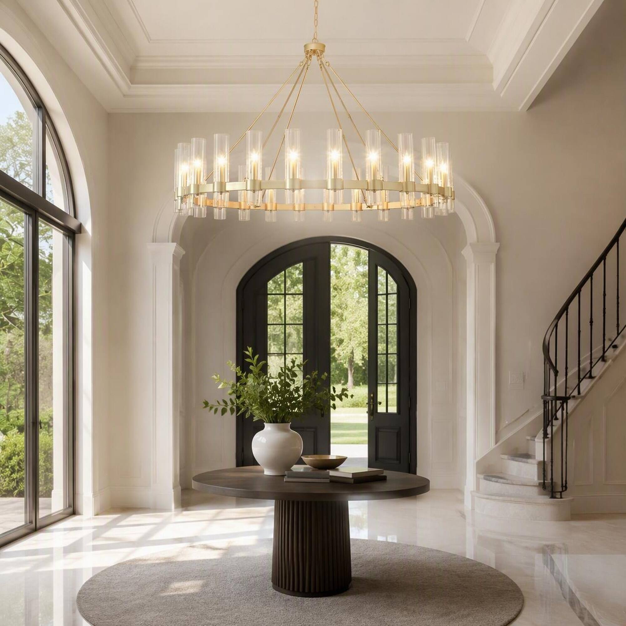Alt View 1. RYHNUYNE - Gold 24-Light Wagon Wheel Chandelier with Seeded Glass Shades, Adjustable Chains for Dining Room, Kitchen Island.