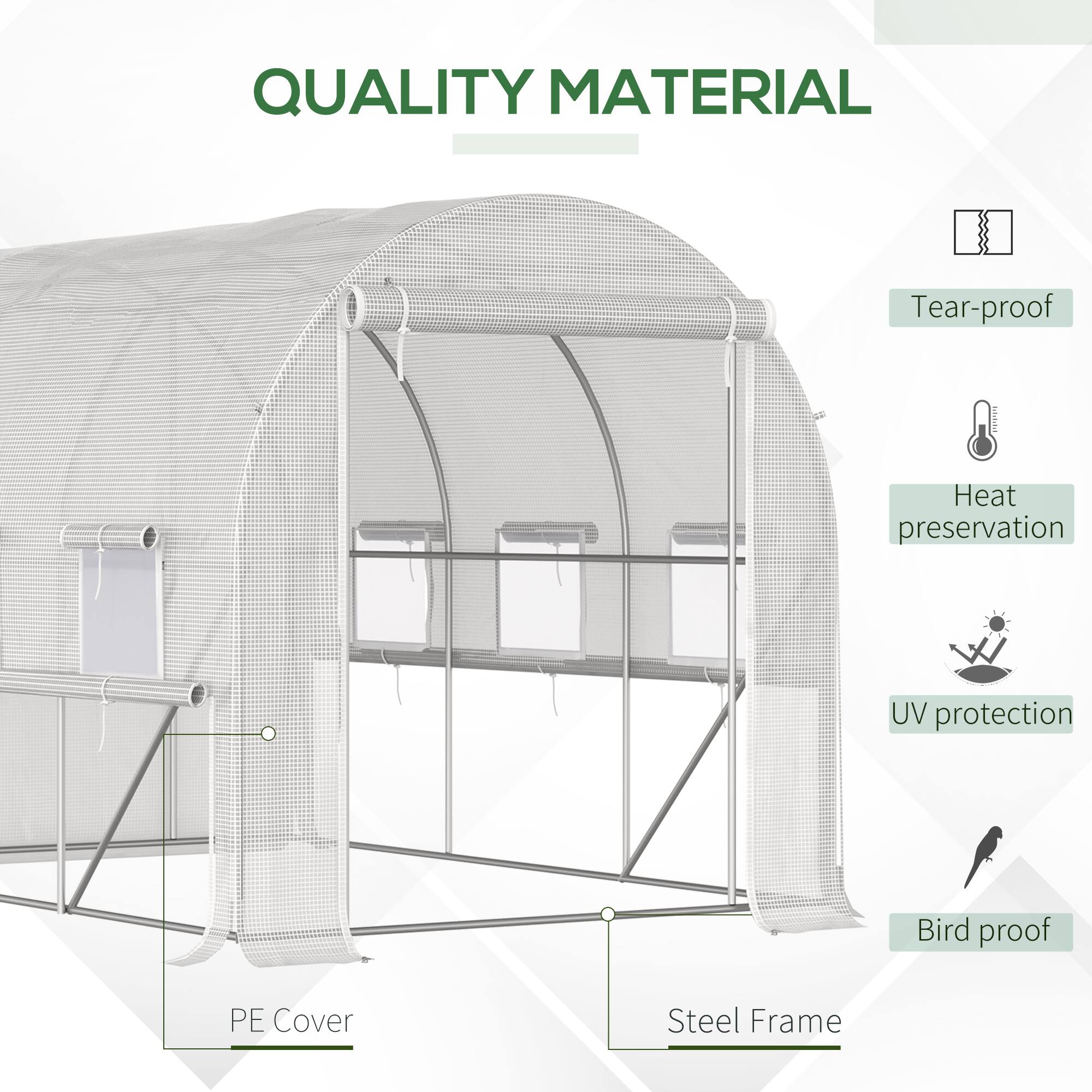 QUALITY MATERIAL

- Tear-proof
- Heat preservation
- UV protection
- Bird proof

PE Cover
Steel Frame