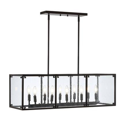 Front. Jonathan Y - Paysan 35" Linear 10-Light Adjustable Iron/Seeded Glass Rustic Farmhouse LED Pendant, Oil Rubbed Bronze - Oil Rubbed Bronze.