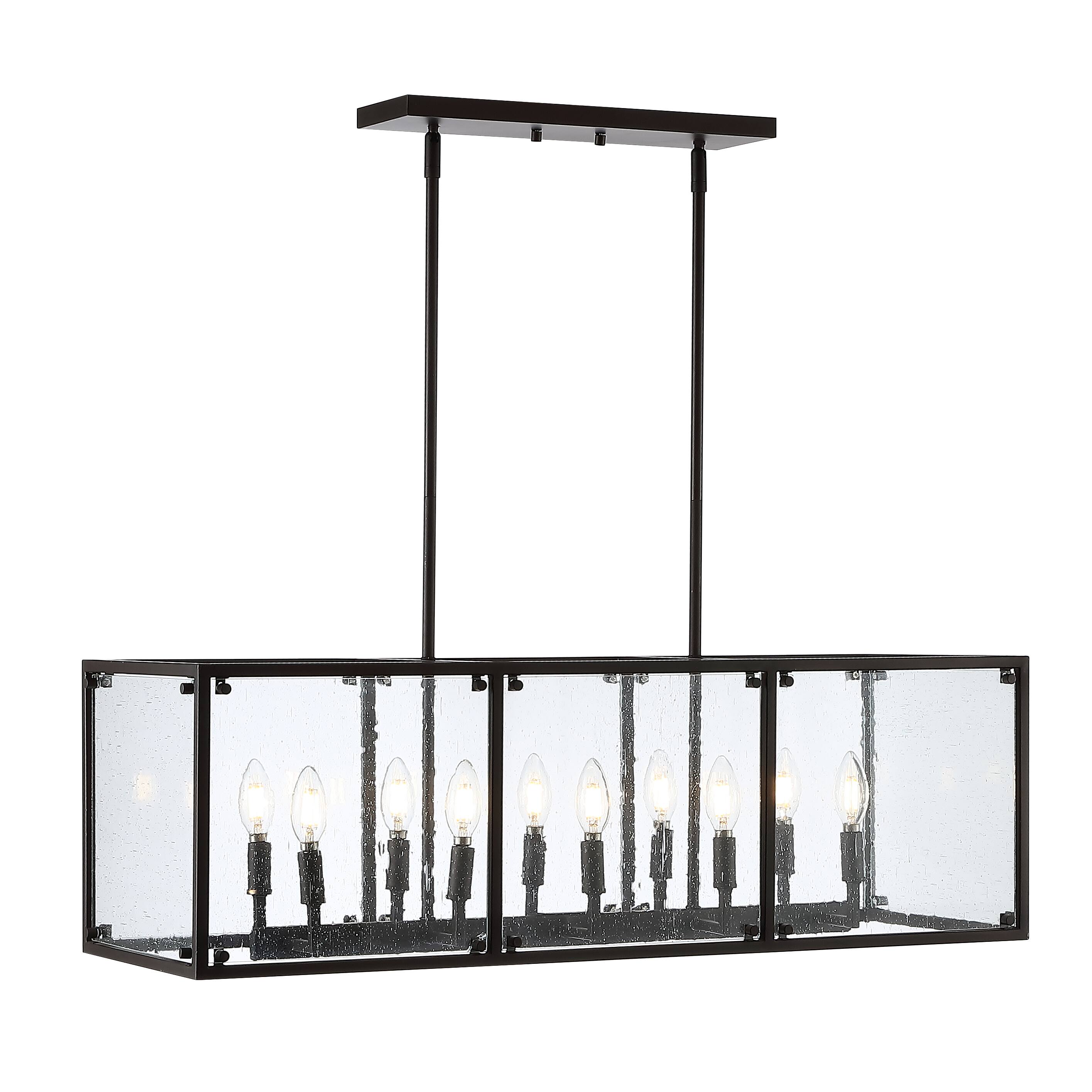 Front. Jonathan Y - Paysan 35" Linear 10-Light Adjustable Iron/Seeded Glass Rustic Farmhouse LED Pendant, Oil Rubbed Bronze - Oil Rubbed Bronze.