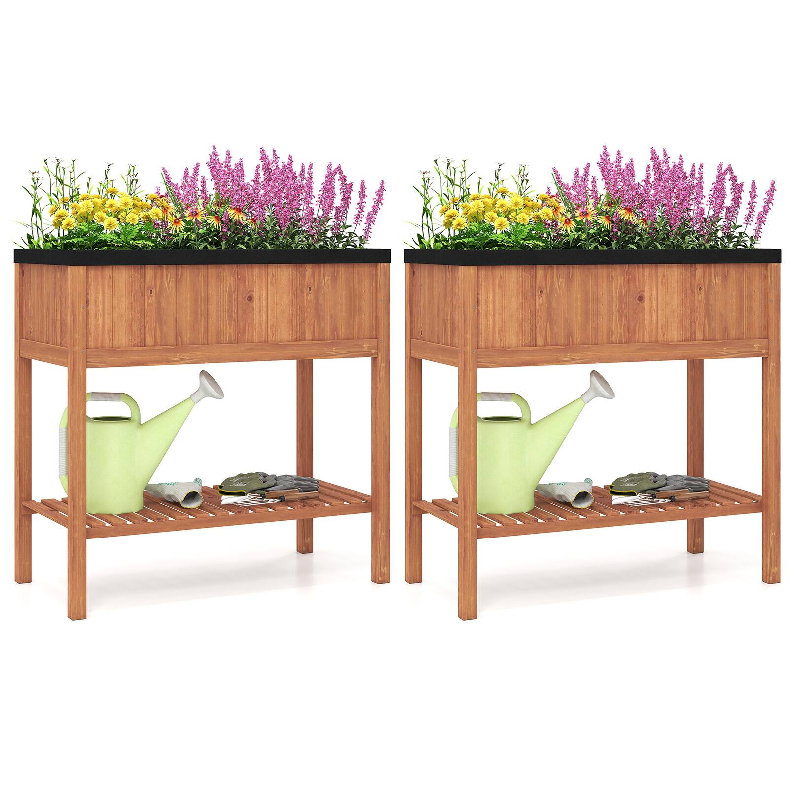 Gymax - 2PCS Wooden Raised Garden Bed w/ Legs Liner Storage Shelf Large Planter Box - Orange