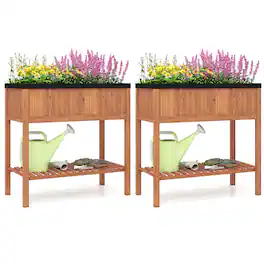 Gymax - 2PCS Wooden Raised Garden Bed w/ Legs Liner Storage Shelf Large Planter Box - Orange