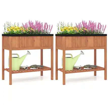 Front. Gymax - Gymax 2PCS Wooden Raised Garden Bed w/ Legs Liner Storage Shelf Large Planter Box - Orange.