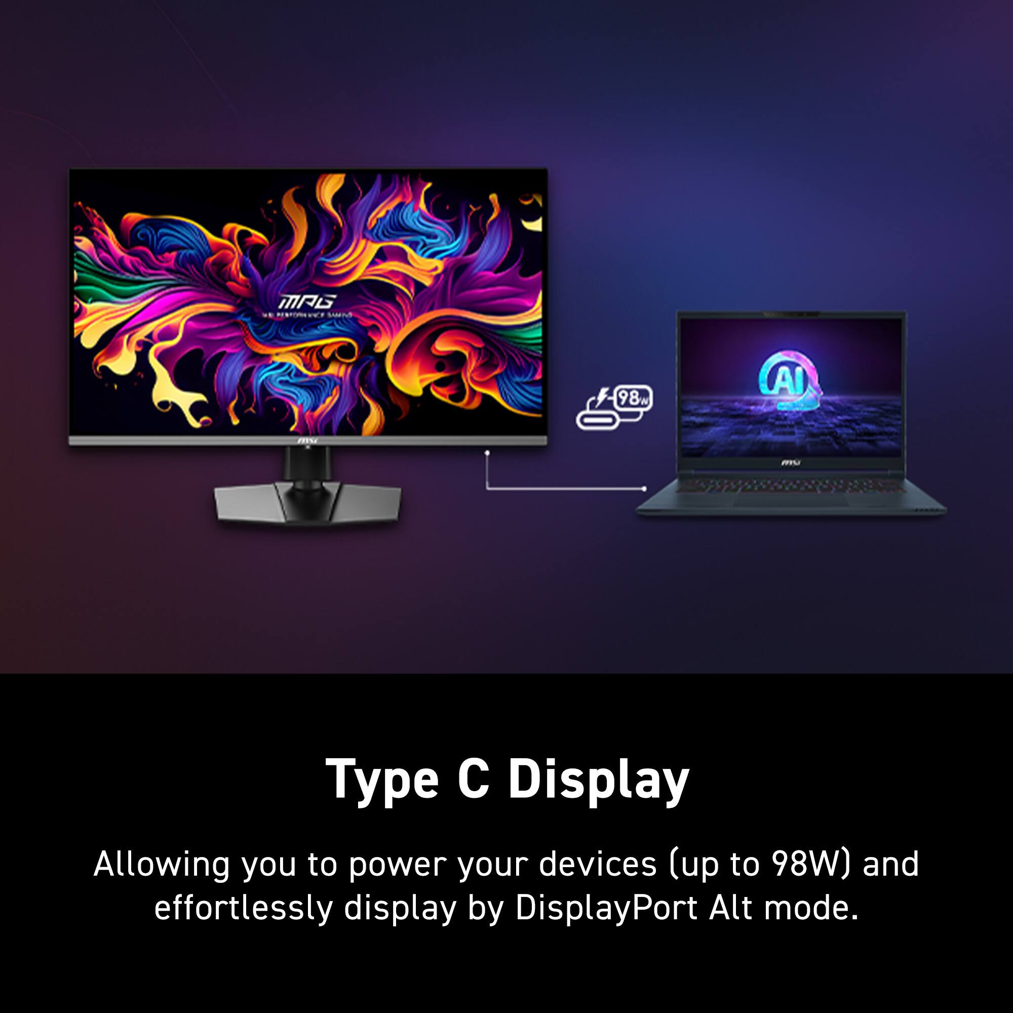 Type C Display: Allowing you to power your devices (up to 98W) and effortlessly display by DisplayPort Alt mode.