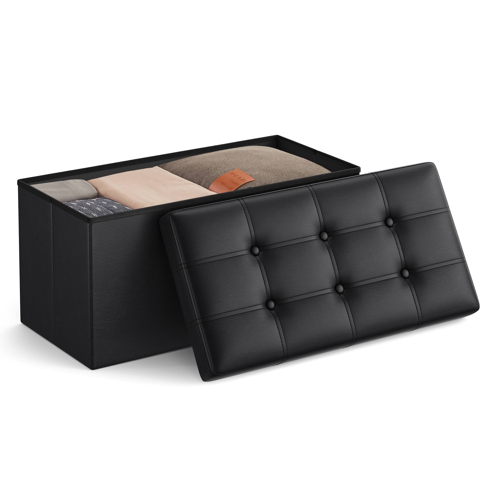 Front. Songmics Home - 30 Inches Folding Storage Ottoman Bench, Storage Chest, Footrest,Padded Seat, Faux Leather, Holds up to 660 lb - Black.