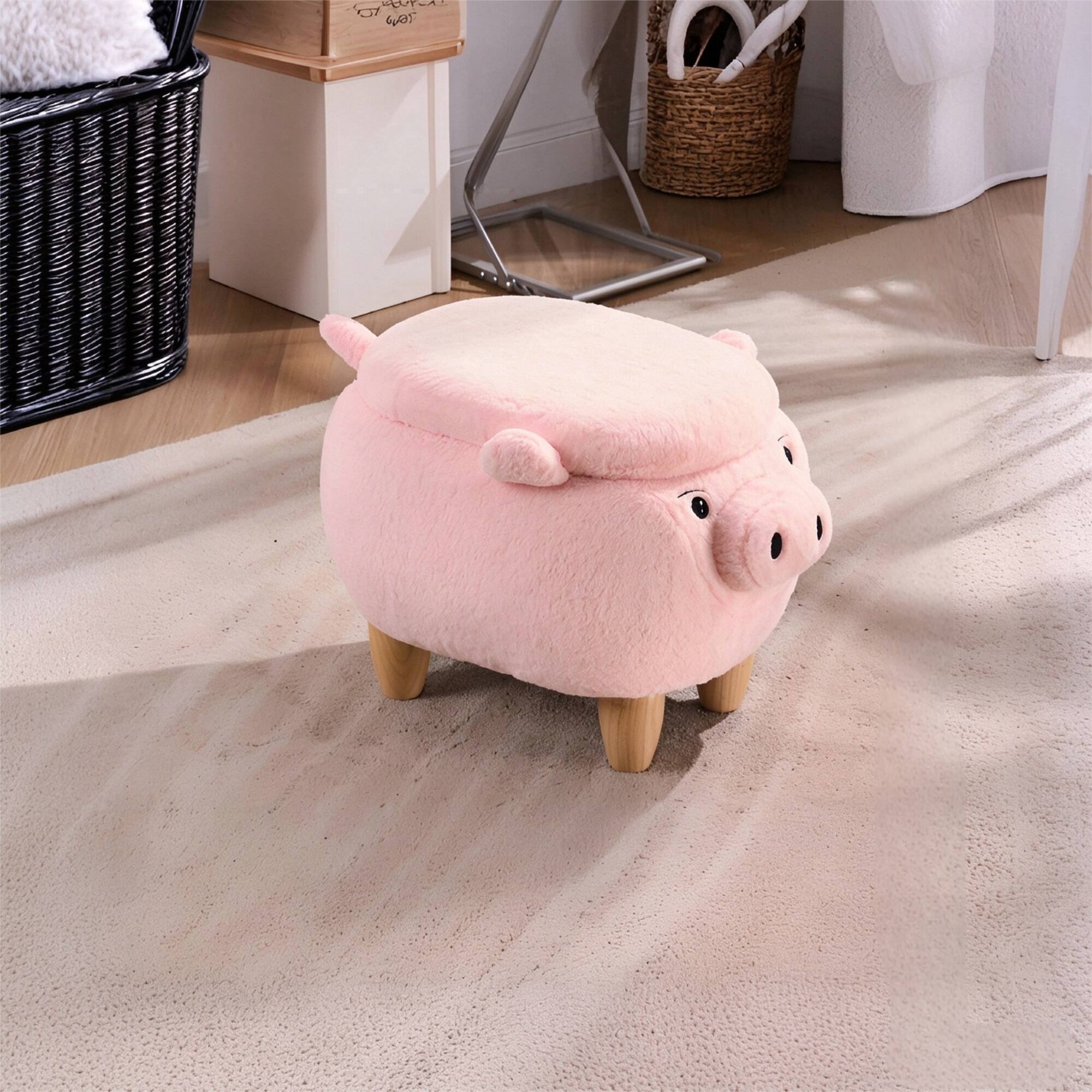 Front. Boyel Living - Patty the Pig Storage Ottoman in Pink Soft Faux Fur Hidden Storage Footstool - Pink.