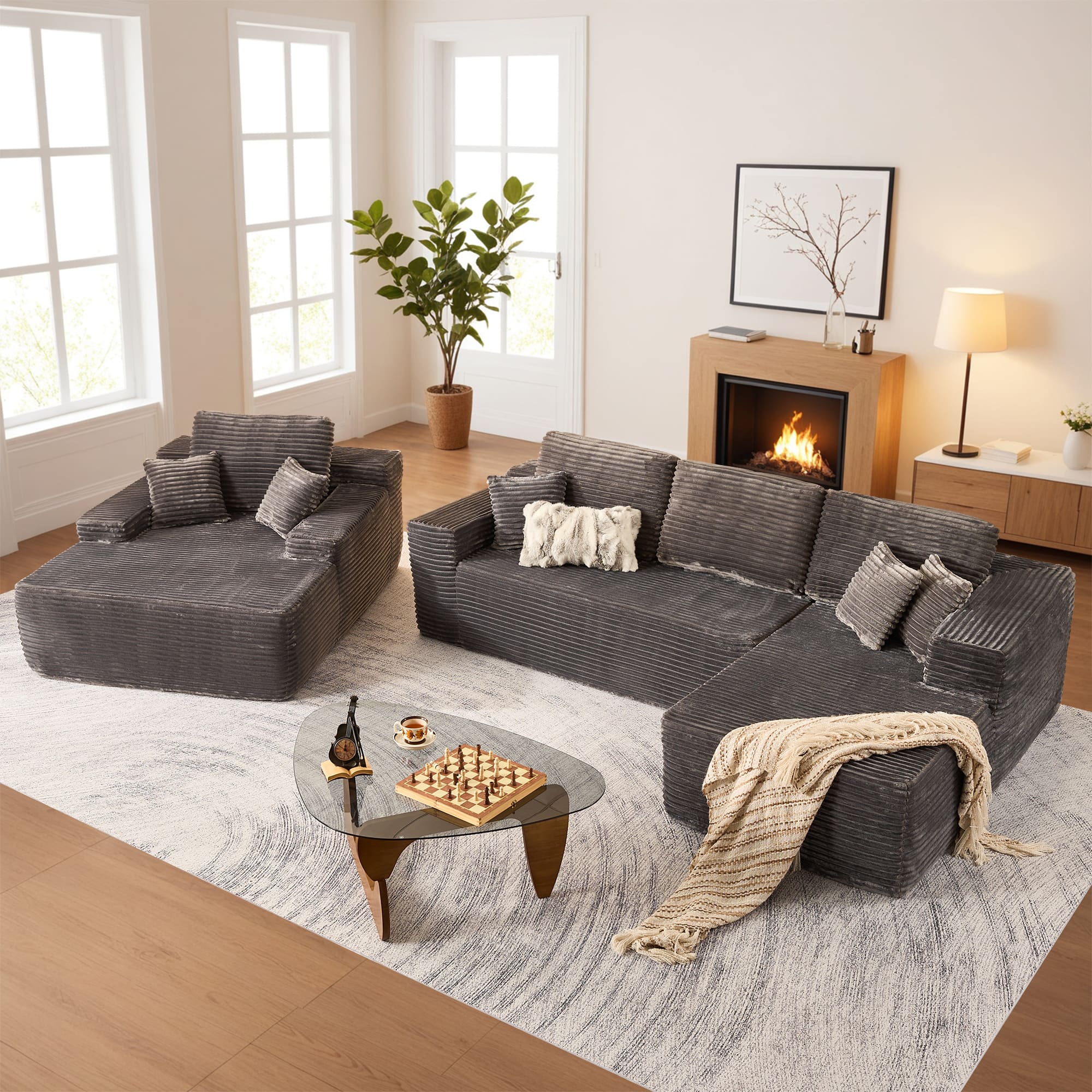 Ovios - 106" L-Shaped Cloud Sectional Sofa with Oversized Chaise Lounge - Grey(Plush Corduroy, Right Facing)