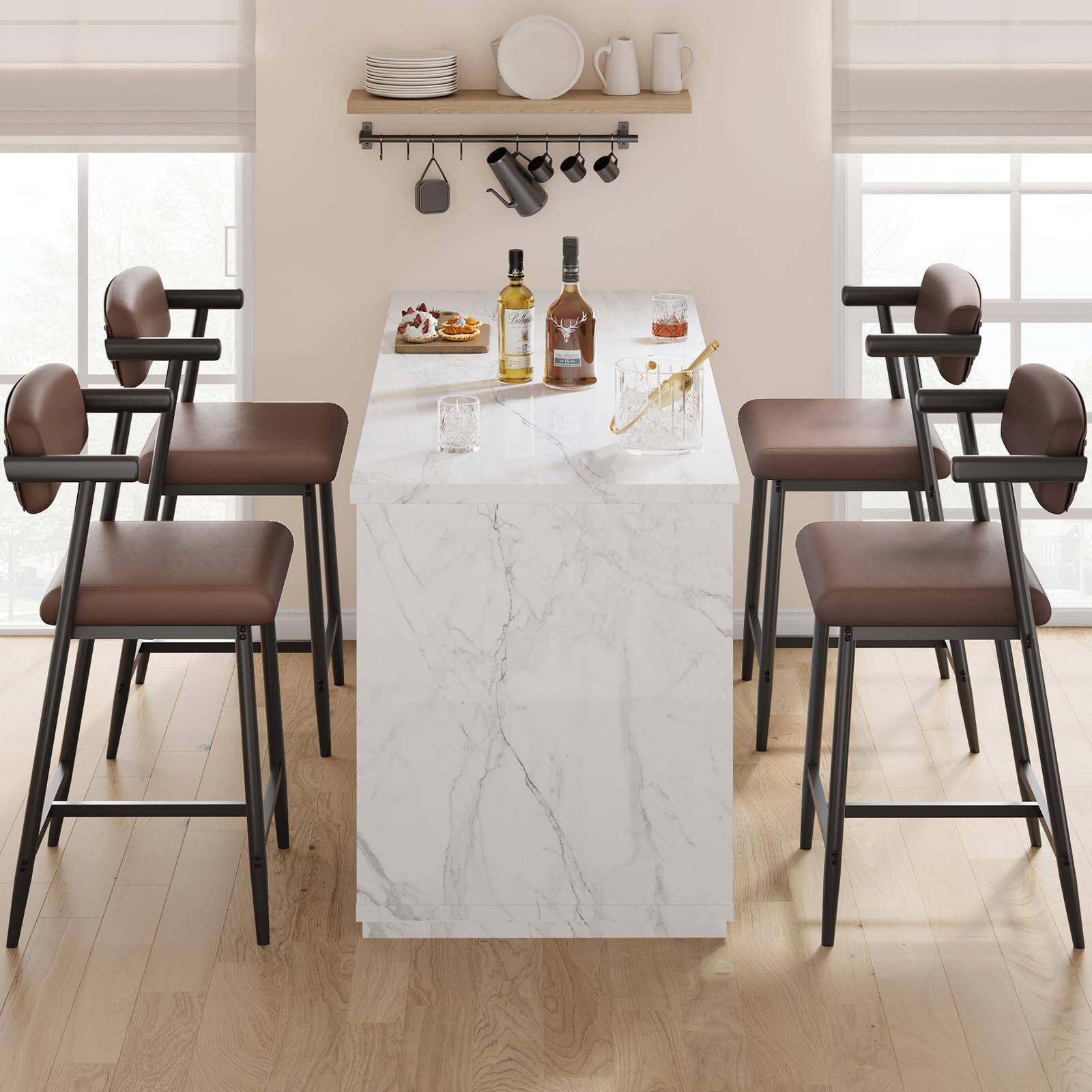 Left. Babevy - Bar Stools Set of 4 with Armrests, Metal Counter Height Bar Stools Set with Upholstered Seat, Footrest & Soft Back - Brown.