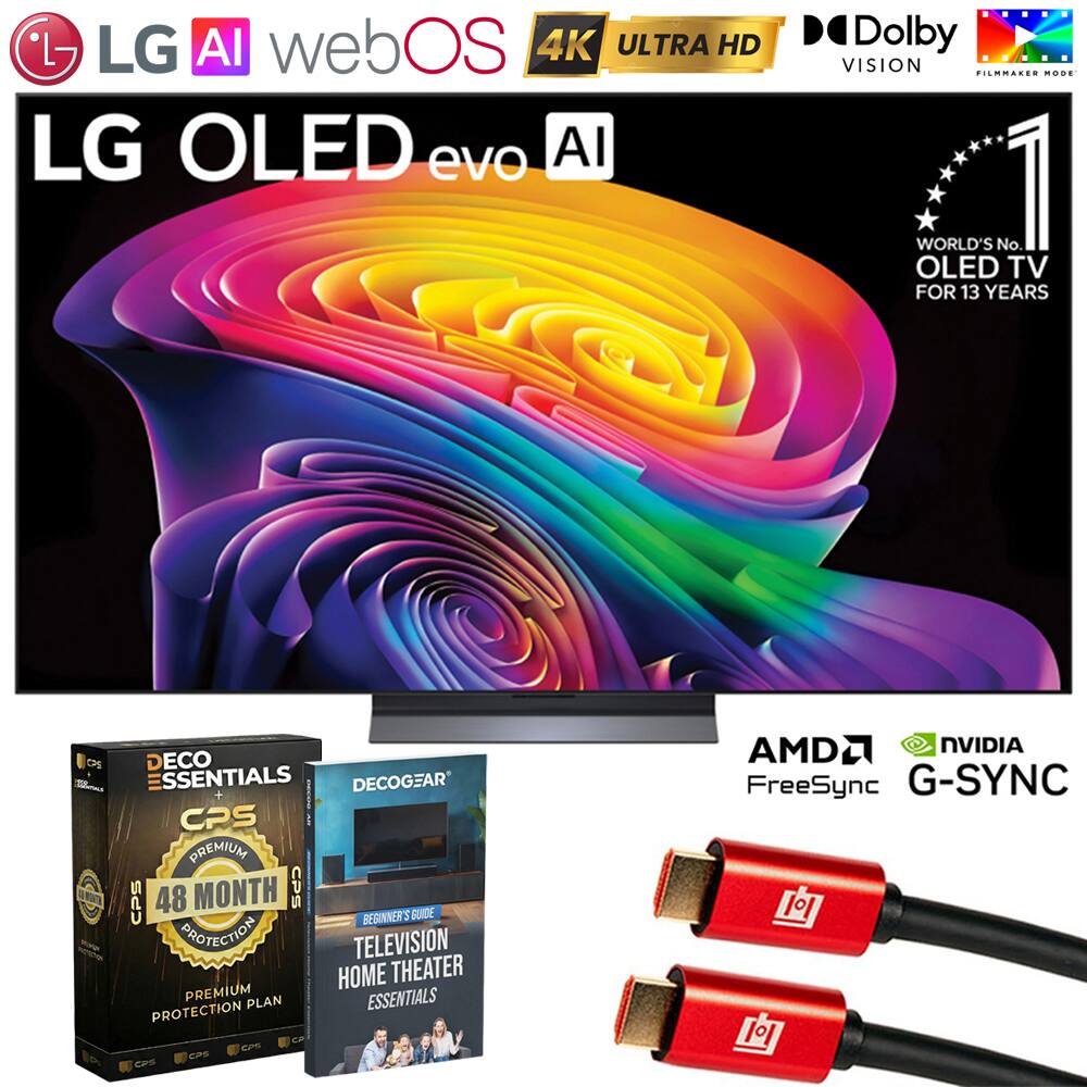 LG AI webOS 4K ULTRA HD LG OLED evo AI  
Dolby VISION  
WORLD'S No. 1 OLED TV FOR 13 YEARS  
DECO ESSENTIALS DECOGEAR + CPS PREMIUM G CPS 48 MONTH CPS BEGINNER'S GUIDE PROTECTION  
TELEVISION HOME THEATER PREMIUM PLAN ESSENTIALS PROTECTION  
EUPs CPE  
AMD FreeSync G-SYNC