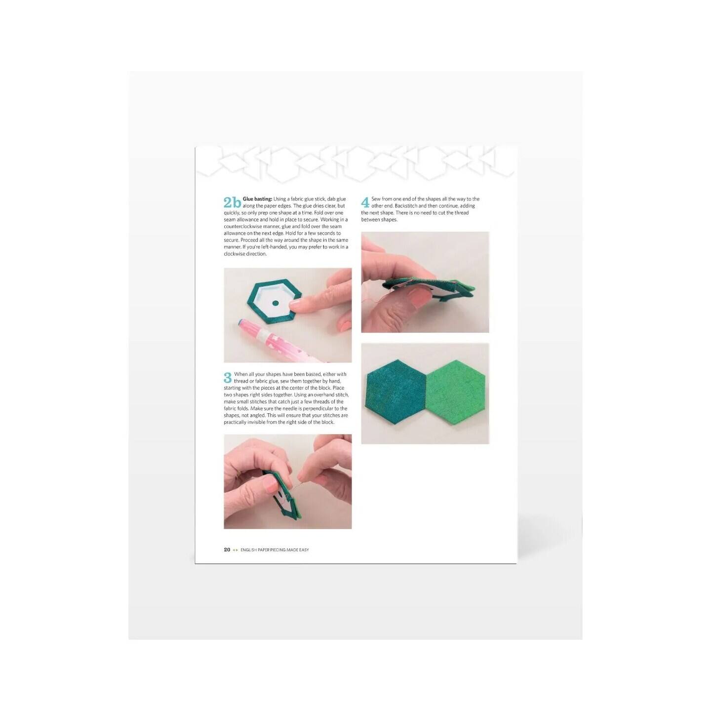 2b. Basting: Using a fabric glue stick, dab glue on the edges of the shape. The glue dries quickly but is strong enough to hold the shape in place. Fold over one corner of the shape and press firmly. Proceed all the way around the shape in the same manner. If you're left-handed, you may prefer to work in a counterclockwise manner.

3. Sew from one end of the shapes all the way to the other end. Backstitch and then continue, adding the next shape. There is no need to cat the thread between the shapes.

4. When all your shapes have been basted, either with thread or fabric glue, sew them together by hand. Using two shapes right sides together, sew just a few stitches that catch just the threads of the shapes, not the fabric. This will ensure that your stitches are practically invisible from the right side of the block.