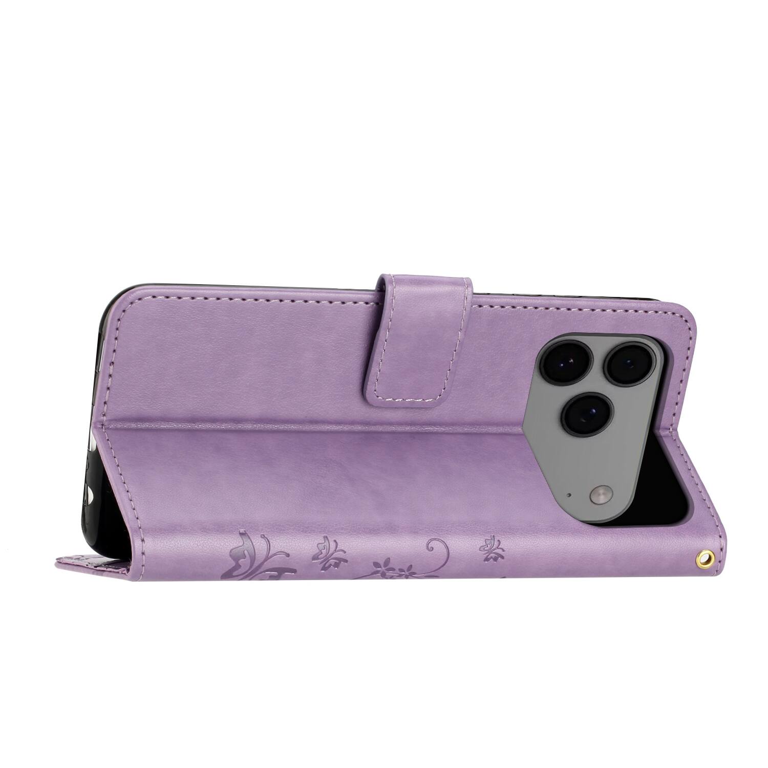 Alt View 2. Dteck - Wallet Case for Apple iPhone 18 Pro, Butterfly Floral PU Leather Flip Card Slots Cash Pocket Kickstand Strap Cover - Lightpurple.
