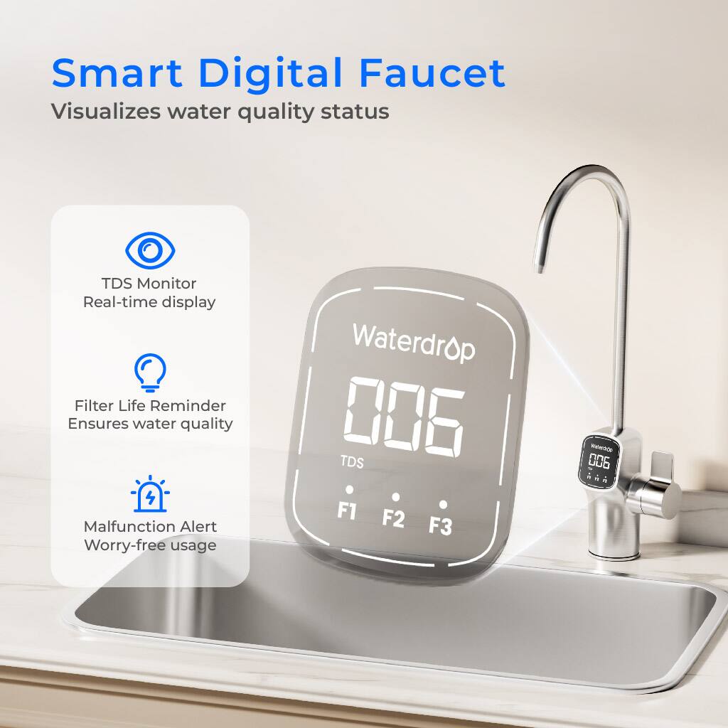Smart Digital Faucet  
Visualizes water quality status  

- TDS Monitor  
  Real-time display  

- Filter Life Reminder  
  Ensures water quality  

- Malfunction Alert  
  Worry-free usage  

Waterdrop  
006  
TDS  
F1 F2 F3  

RoeOC 006