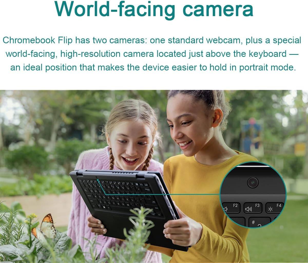 World-facing camera

Chromebook Flip has two cameras: one standard webcam, plus a special world-facing, high-resolution camera located just above the keyboard — an ideal position that makes the device easier to hold in portrait mode.
