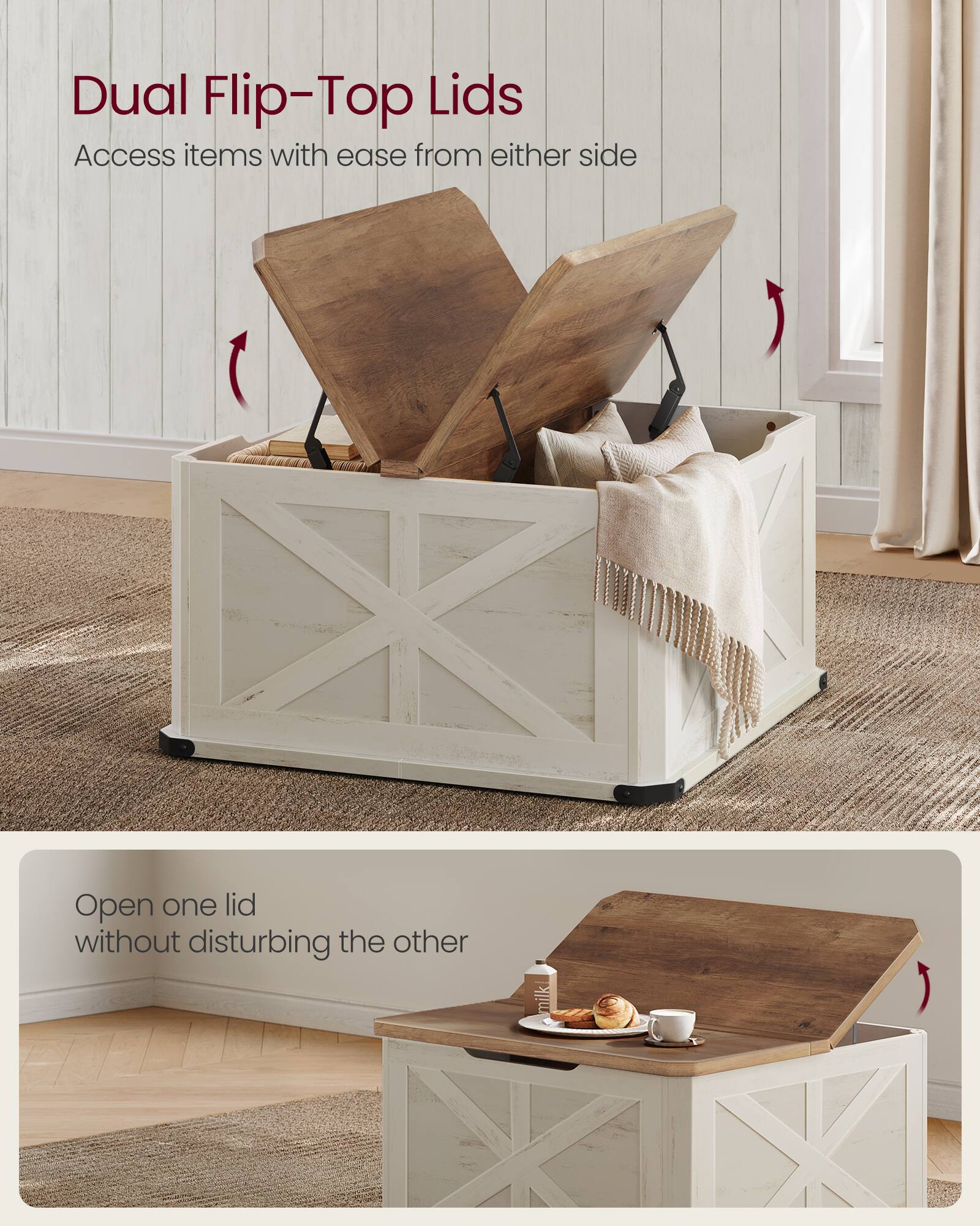 Dual Flip-Top Lids  
Access items with ease from either side  

Open one lid without disturbing the other