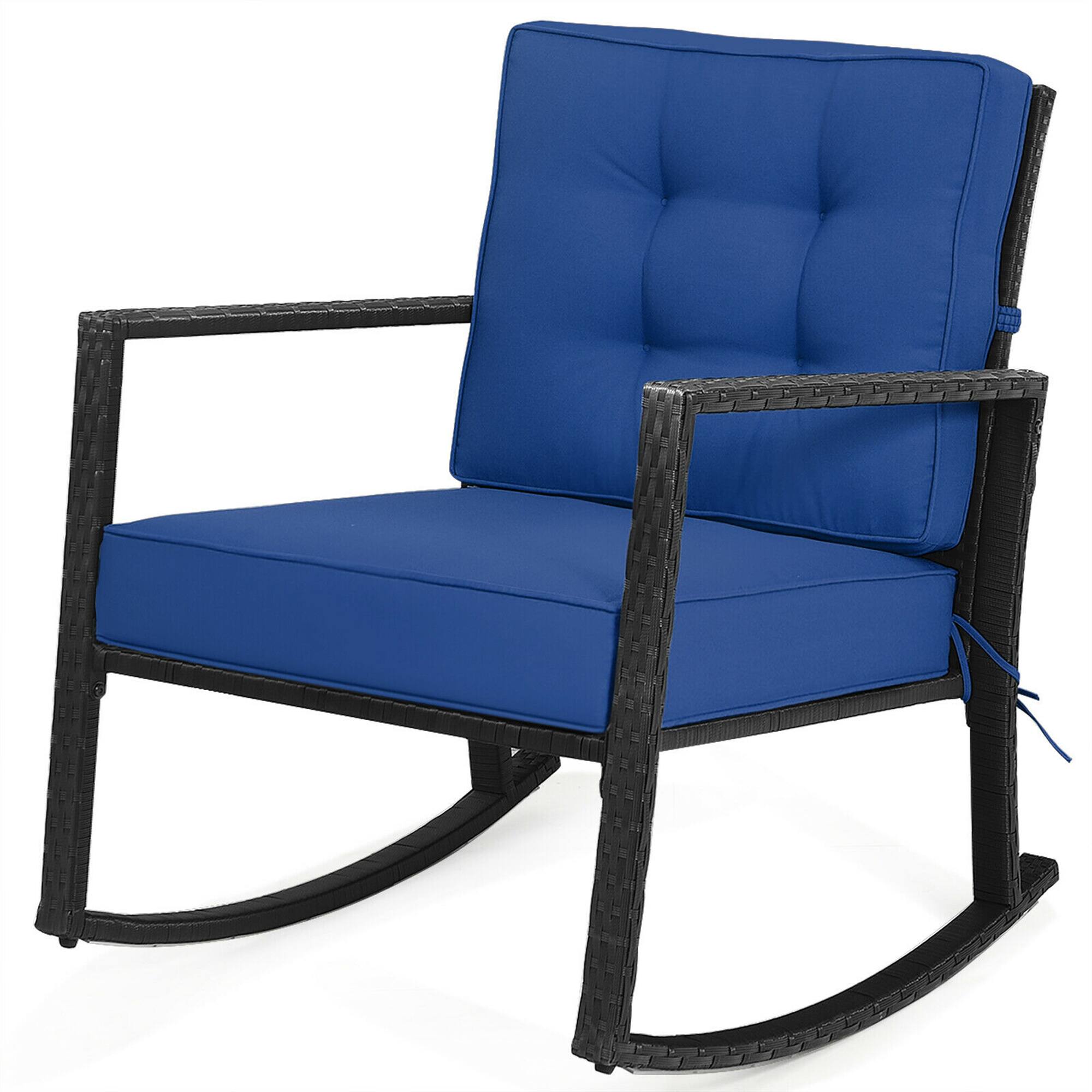 Alt View 8. Gymax - Gymax Outdoor Wicker Rocking Chair Patio Lawn Rattan Single Chair Glider w/ Navy Cushion - Navy.
