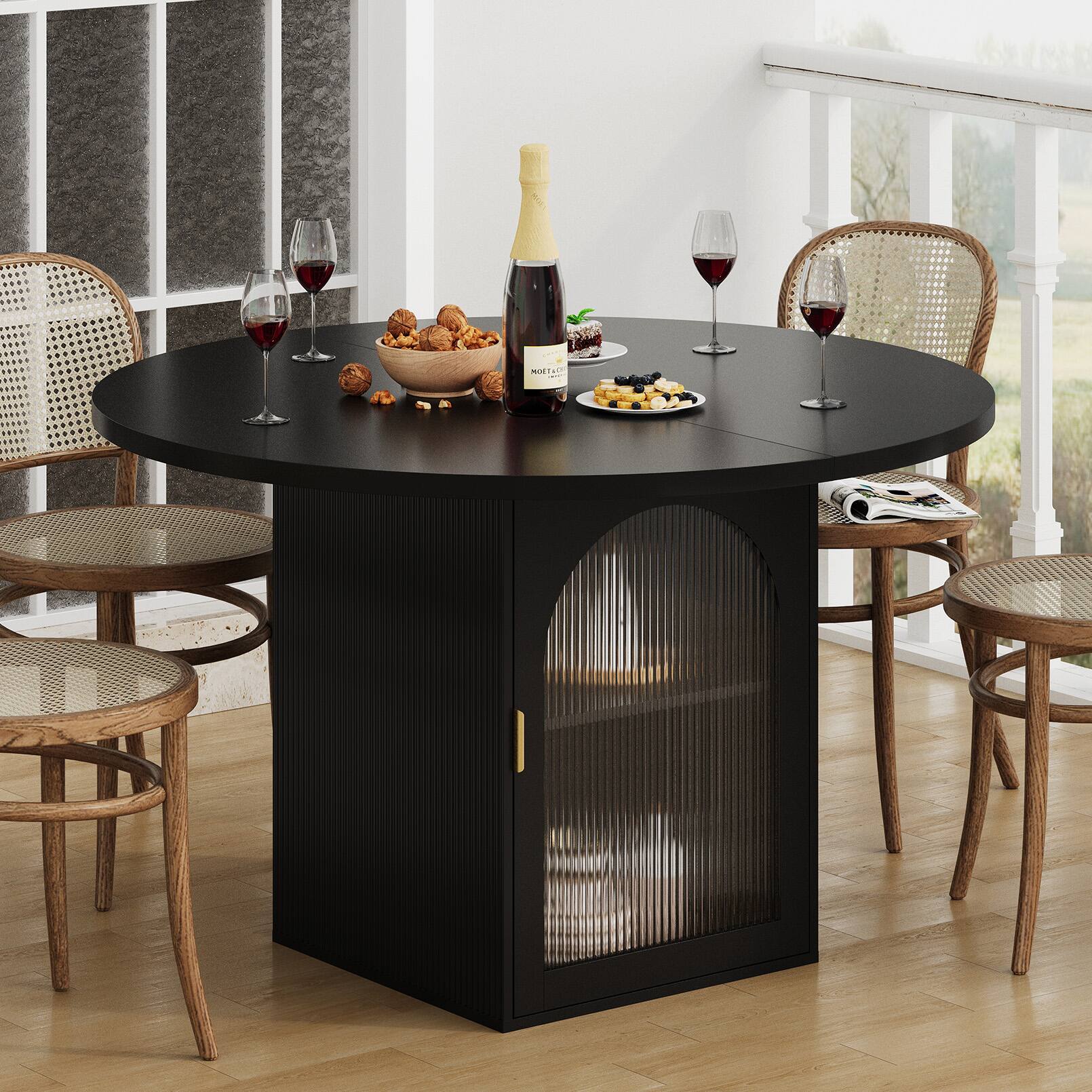 Left. Anysun - 47" Round Dining Table with Storage Cabinet - Pedestal Base, Ribbed Glass Doors, Seats 4-6 for Apartments. - Black.