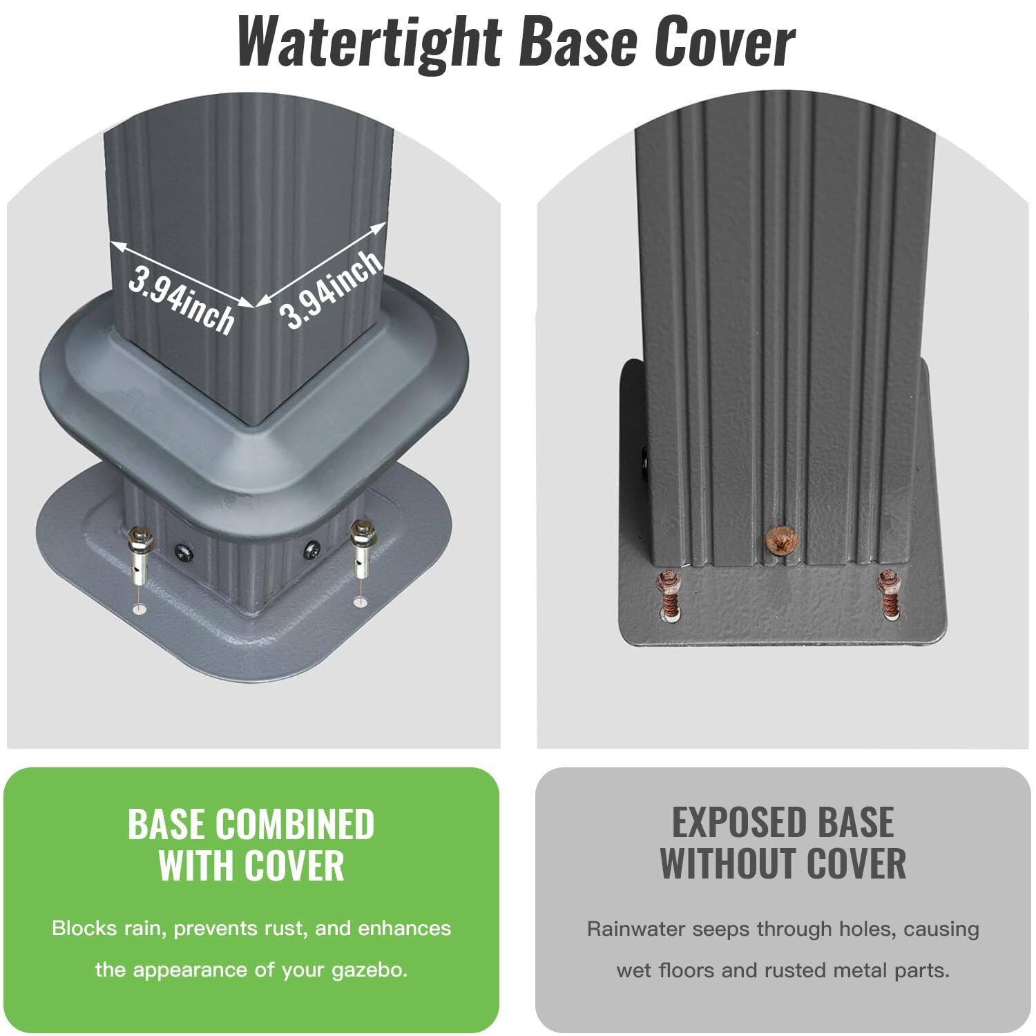 Watertight Base Cover 3.94inch 3.94inch

BASE COMBINED WITH COVER
Blocks rain, prevents rust, and enhances the appearance of your gazebo.

EXPOSED BASE WITHOUT COVER
Rainwater seeps through holes, causing wet floors and rusted metal parts.