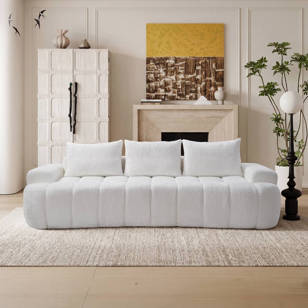 Front. Ropilly - Ropilly 100 inch curved front sofa, white 3 seat boucle couch with high resilience foam for living room - White.