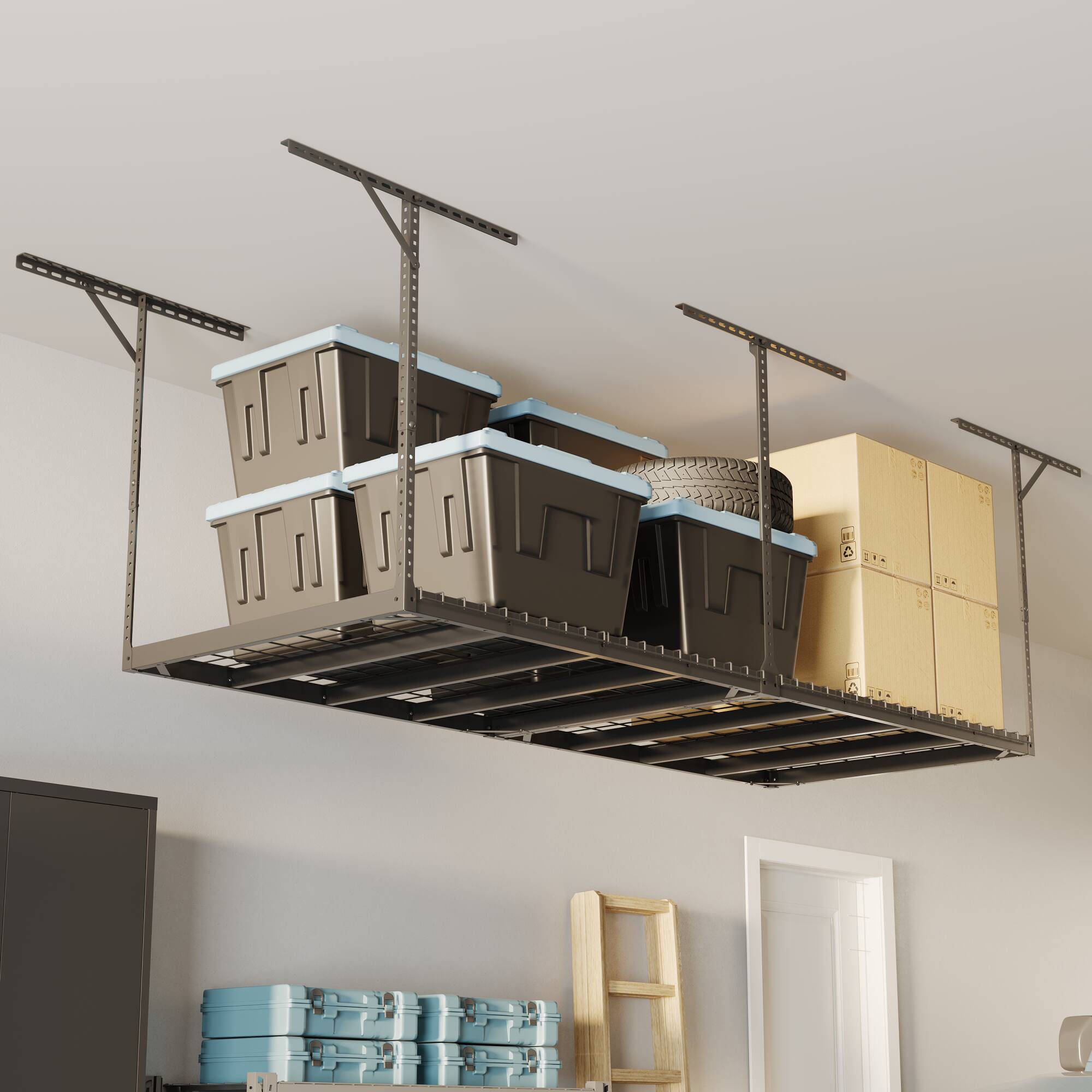 Alt View 2. Fleximounts - Max Series 36 in. W x 96 in. D x 24 - 40 in. H Black Heavy Duty Ceiling Mounted Overhead Garage Storage Rack - Black.