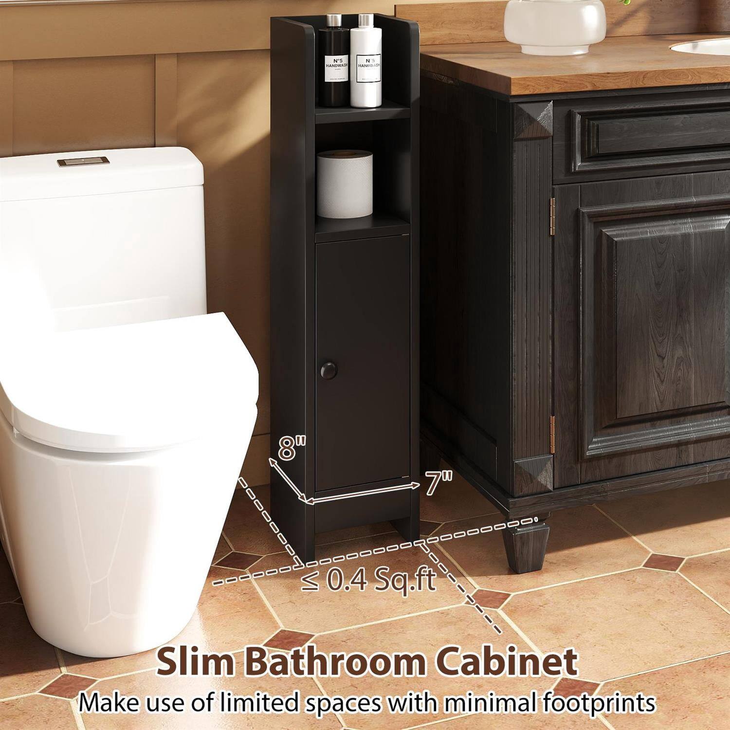 Slim Bathroom Cabinet  
Make use of limited spaces with minimal footprints  

8"  
7"  
≤ 0.4 Sq.ft