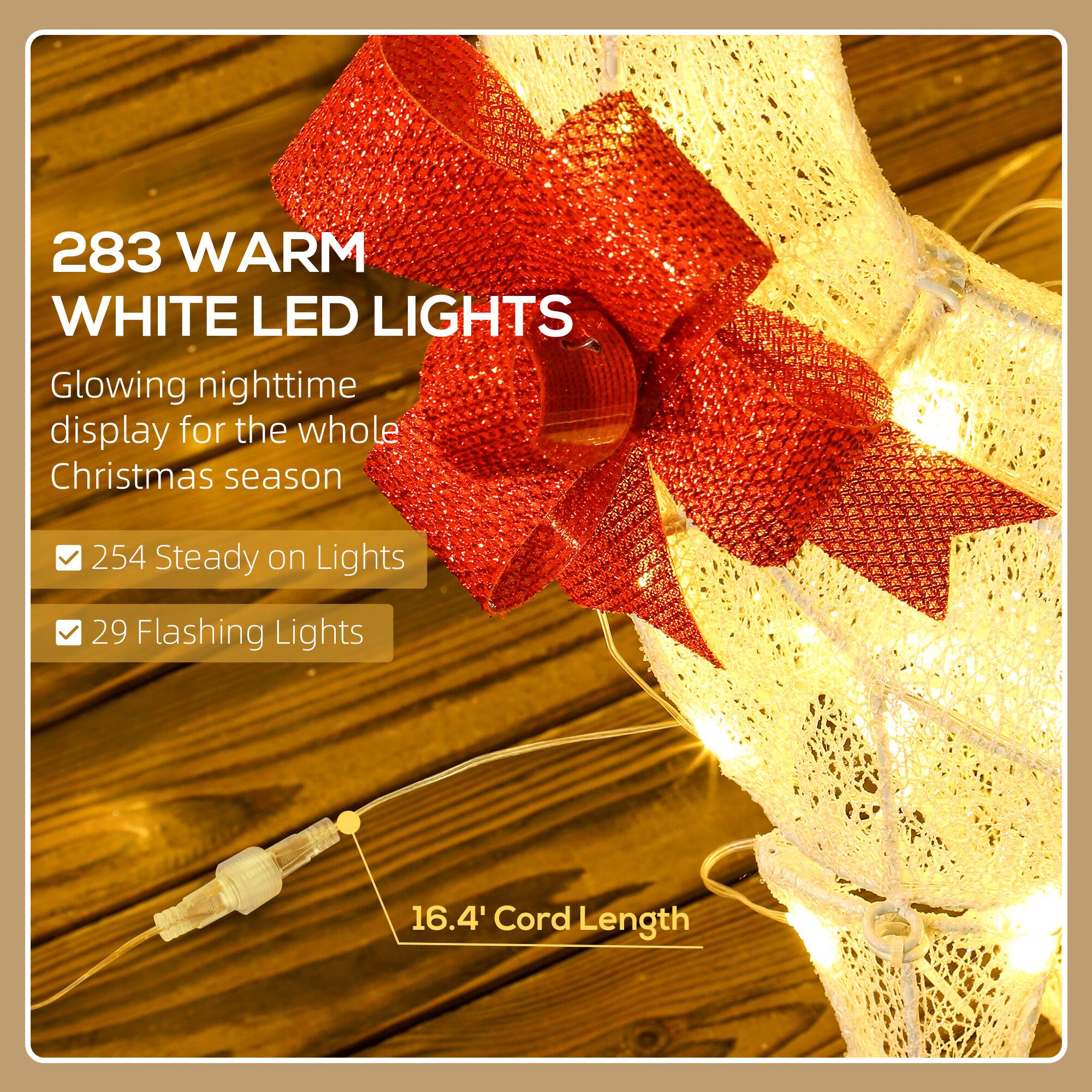 283 WARM WHITE LED LIGHTS  
Glowing nighttime display for the whole Christmas season  
- 254 Steady on Lights  
- 29 Flashing Lights  
16.4' Cord Length