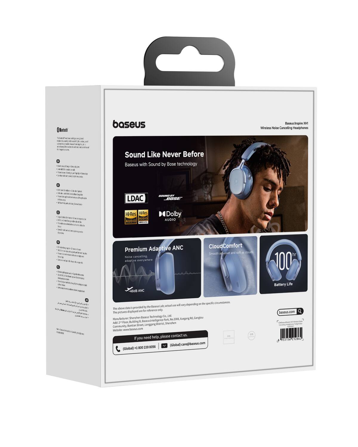 Bertbot baseus Baceus Inspire X11 Wireless Noise Cancelling Headphones Sound Like Never Before Baseus with Sound by Bose technology LDAC - ST ROSE HiRes HiRes AUDIO Dolby AUDIO Premium Adaptive ANC Noise canceling. CloudComfort Smooth agieivet and wt a clove or 100 -45d5 ANC Battery Life -n the pecific cinoumanons Lak actual wl vay depending dala a provided . the Baseus The aom dsplayed ar f rpfc only Te pictures Technalingy ca. M Manufacturer Sherchen Raeut Rrping AL Ganglou Fark So 2008 Buldings Baseus Inteilligence Ad 7 Floor Shenchen SANt Lengping cieid Community Bantian Websiter - www.lesul.com contact uL. I you need help, please (Global) care@baseus.com e1 80022 220 8055 (Global) +. baseus.com - I 53134 112862

---

**Baseus Inspire X11**  
Wireless Noise Cancelling Headphones

**Sound Like Never Before**