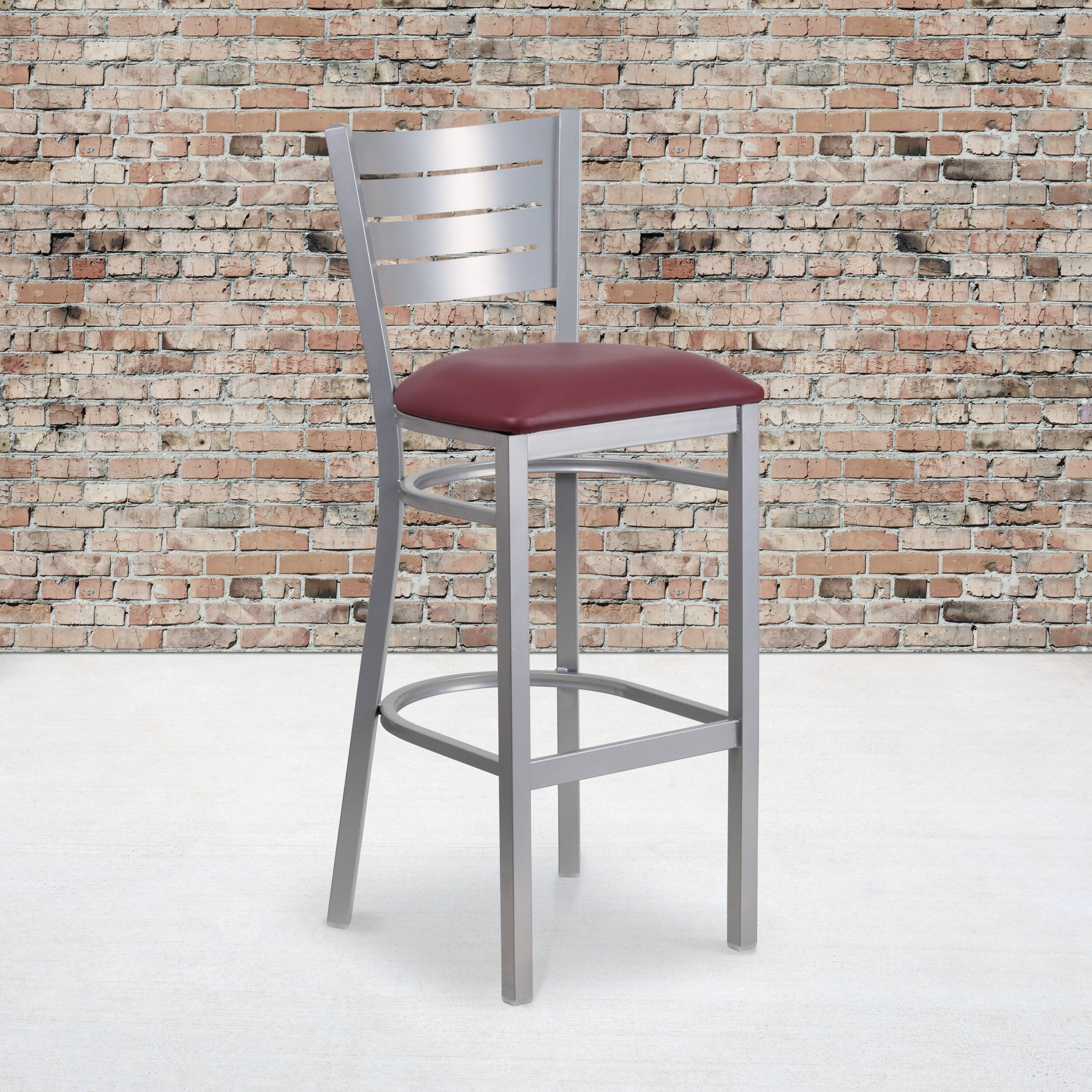 Alt View 2. Emma + Oliver - 2 Pack Silver Slat Back Metal Restaurant Barstool - Burgundy Vinyl Seat/Silver Frame.