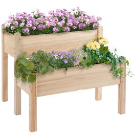 Outsunny - 34"x34"x28" Raised Garden Bed, 2-Tier Elevated Wood Planter Box for Backyard, Patio to Grow Vegetables, Herbs - Natural