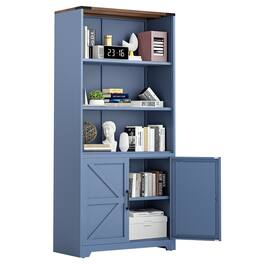 Winado - Farmhouse Metal Storage Cabinet Bookcase with Barn-Style Doors & Walnut Top, Adjustable Shelves for Study, Living Room - Blue