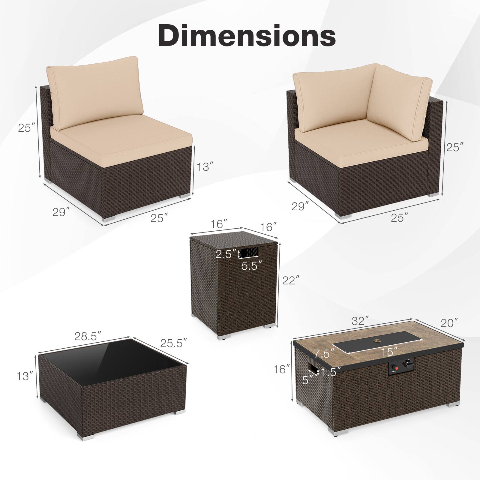 Dimensions: 25" x 13" x 25" x 29" x 25" x 16" x 16" x 29" x 25" x 2.5" x 5.5" x 22" x 13" x 28.5" x 25.5" x 32" x 7.5" x 16" x 5" x 51.5" x 15" x 20"
