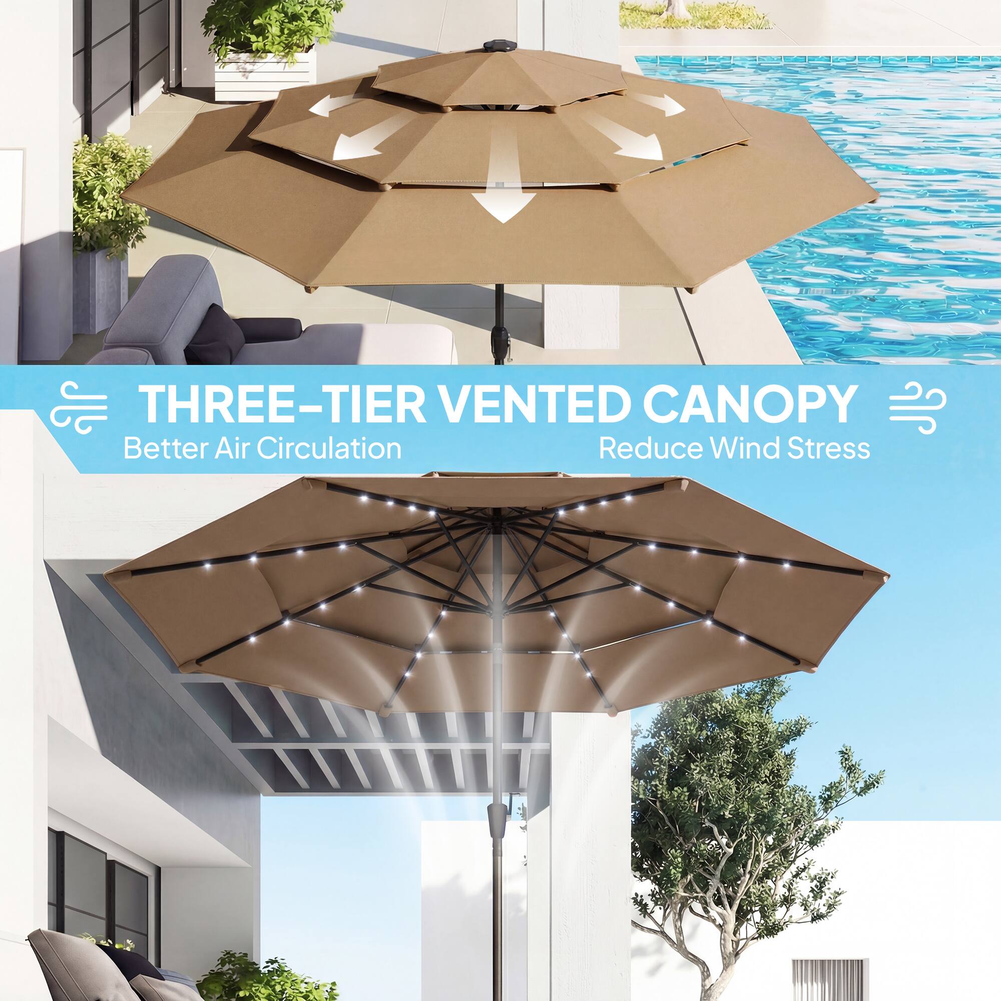 THREE-TIER VENTED CANOPY  
Better Air Circulation  
Reduce Wind Stress